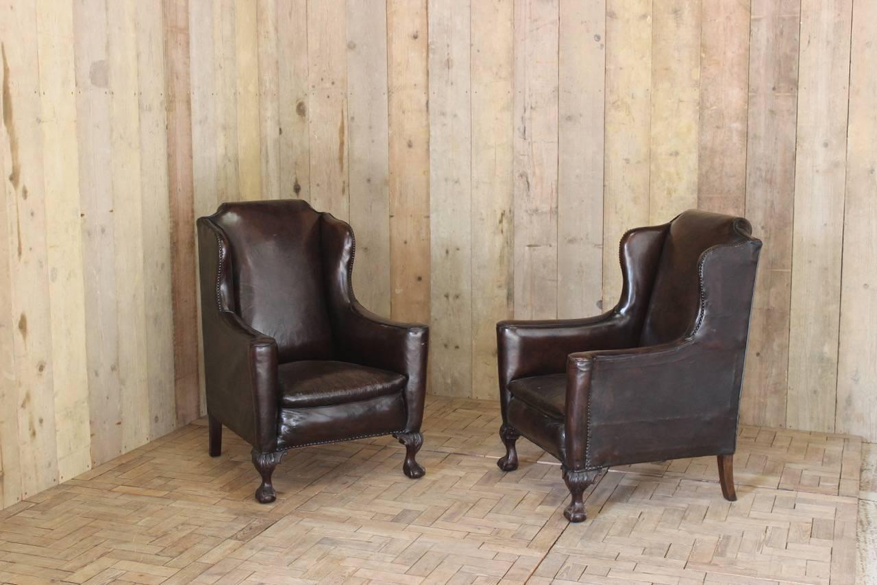 20th Century Good Pair of circa 1910 English Wingback Leather Armchairs