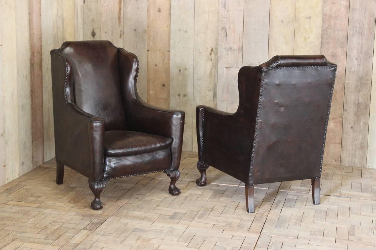 Good Pair of circa 1910 English Wingback Leather Armchairs 1