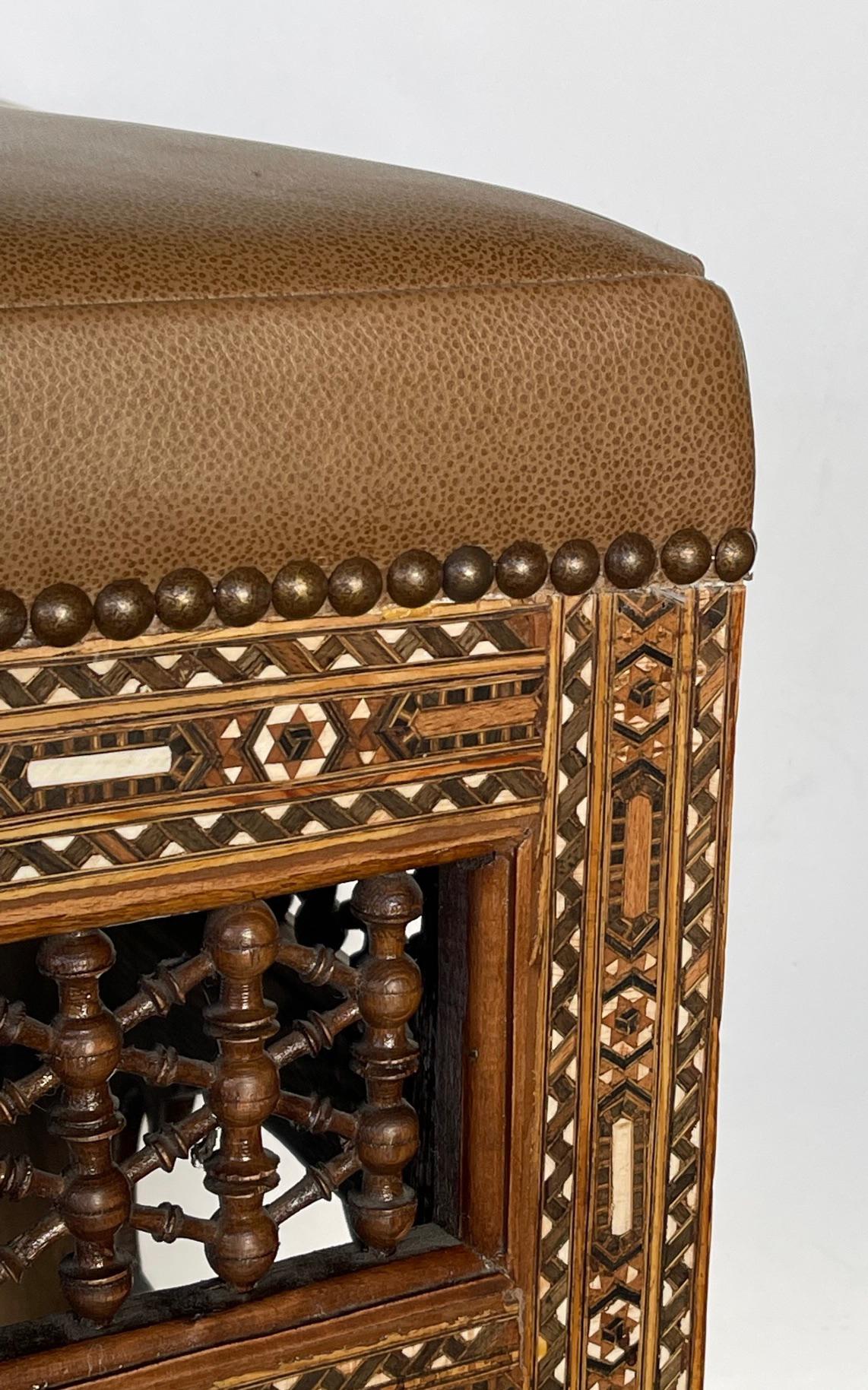 Inlay Good Pair of Moroccan Carved and Inlaid Square Leather Upholstered Stools
