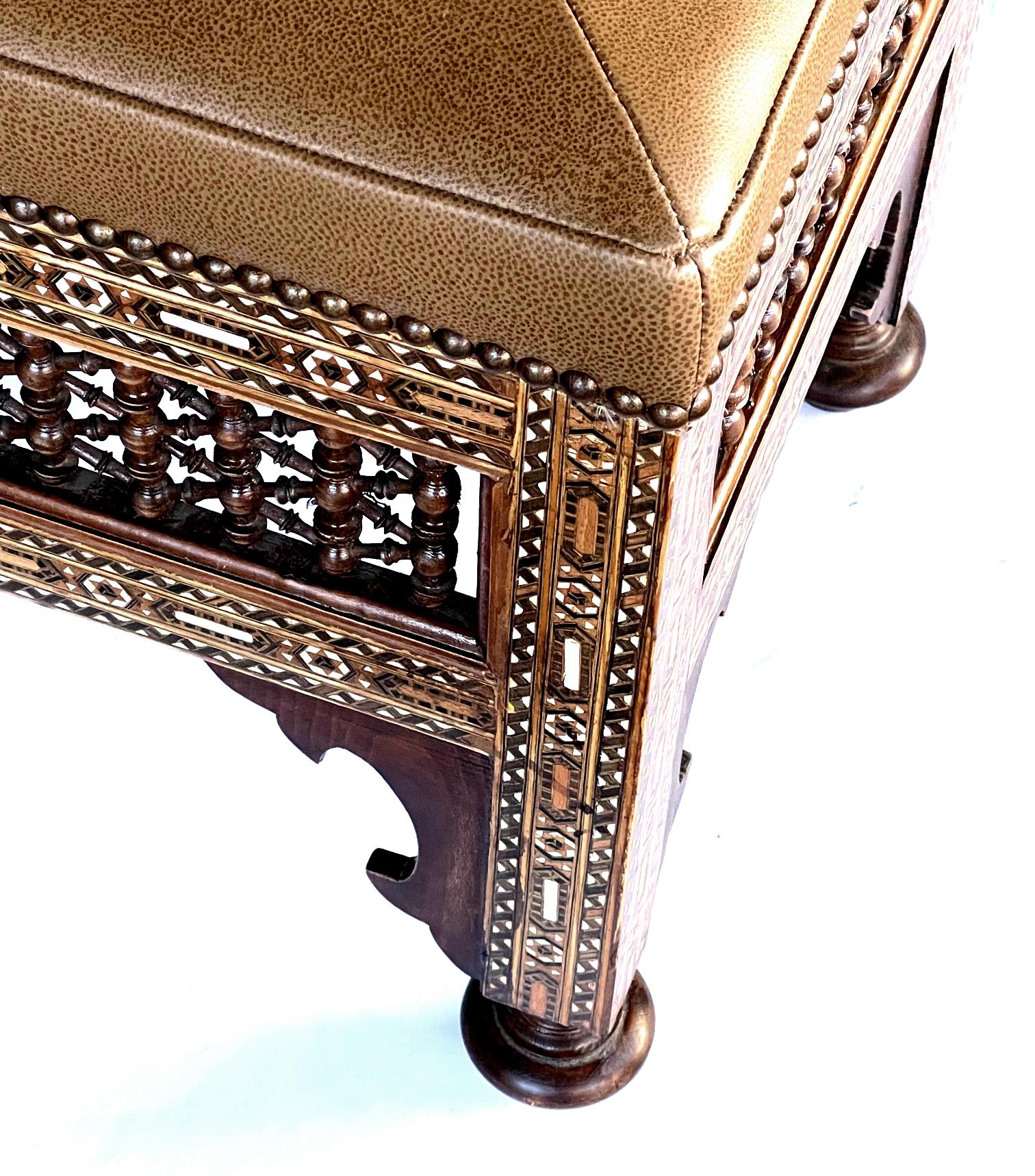 Good Pair of Moroccan Carved and Inlaid Square Leather Upholstered Stools In Good Condition In San Francisco, CA