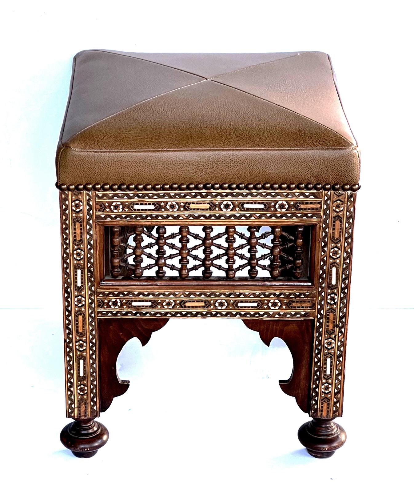 20th Century Good Pair of Moroccan Carved and Inlaid Square Leather Upholstered Stools