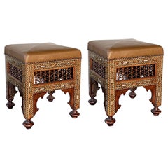 Good Pair of Moroccan Carved and Inlaid Square Leather Upholstered Stools