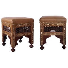 Good Pair of Moroccan Carved and Inlaid Square Upholstered Stools