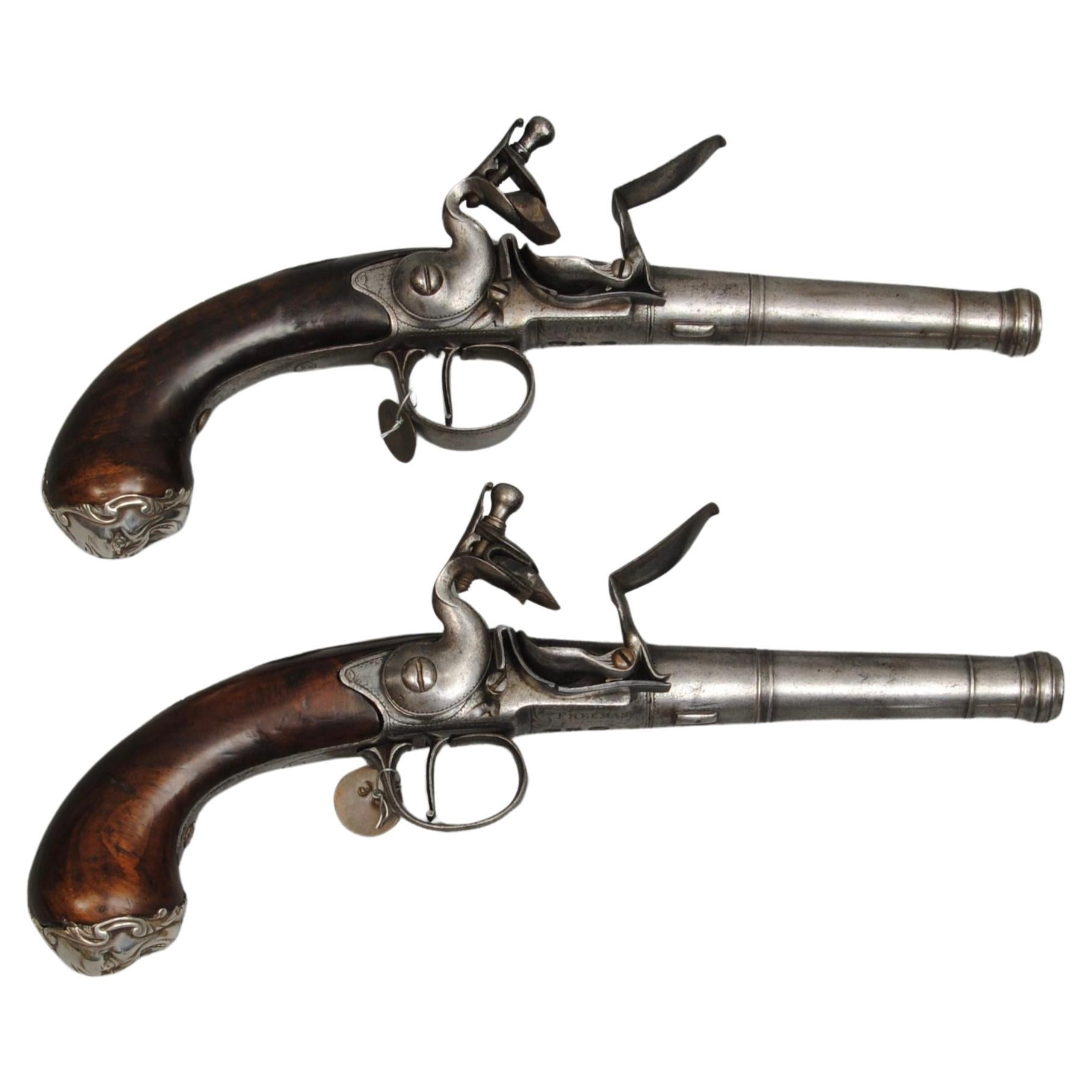Good Pair Of Queen Anne Barrel Silver Mounted Pistols