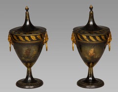 Good Pair of Regency Tole Work Chestnut Urns