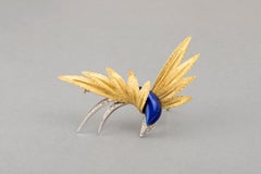 Broche Oiseau du Paradis français en or:: platine:: émail et diamants