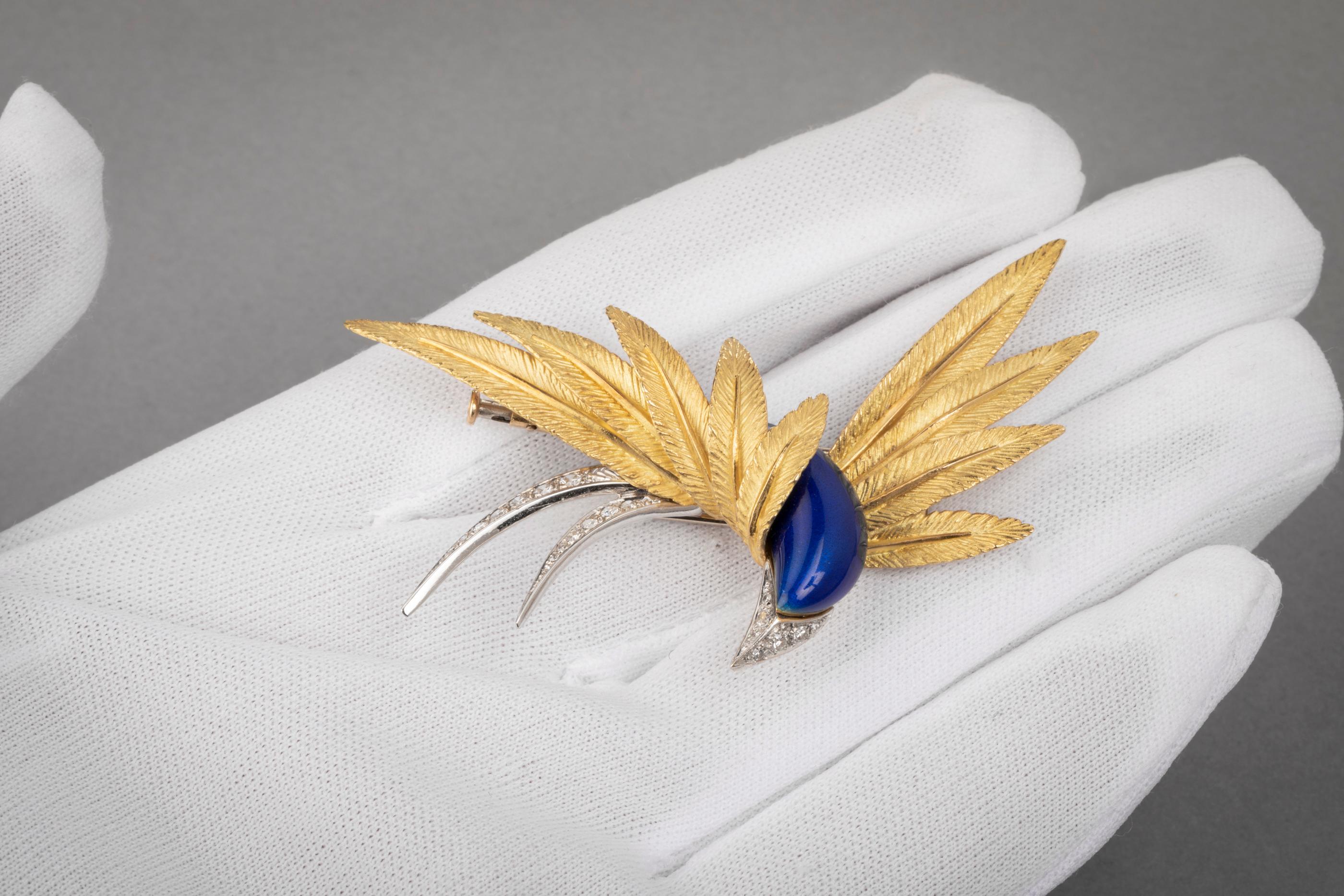 Gold Platinum Enamel and Diamonds French Paradise Bird Brooch In Good Condition In Saint-Ouen, FR