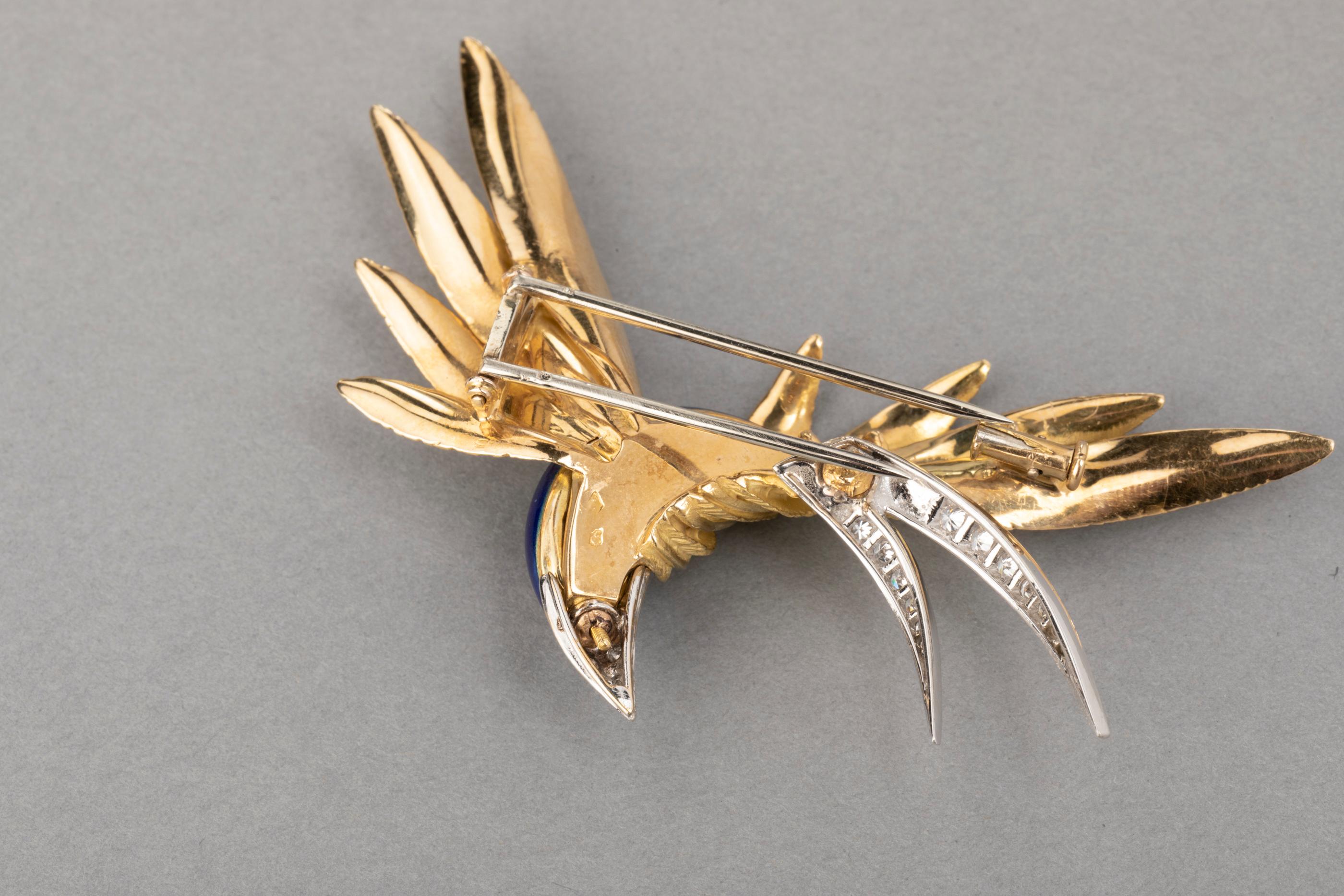 Gold Platinum Enamel and Diamonds French Paradise Bird Brooch 2