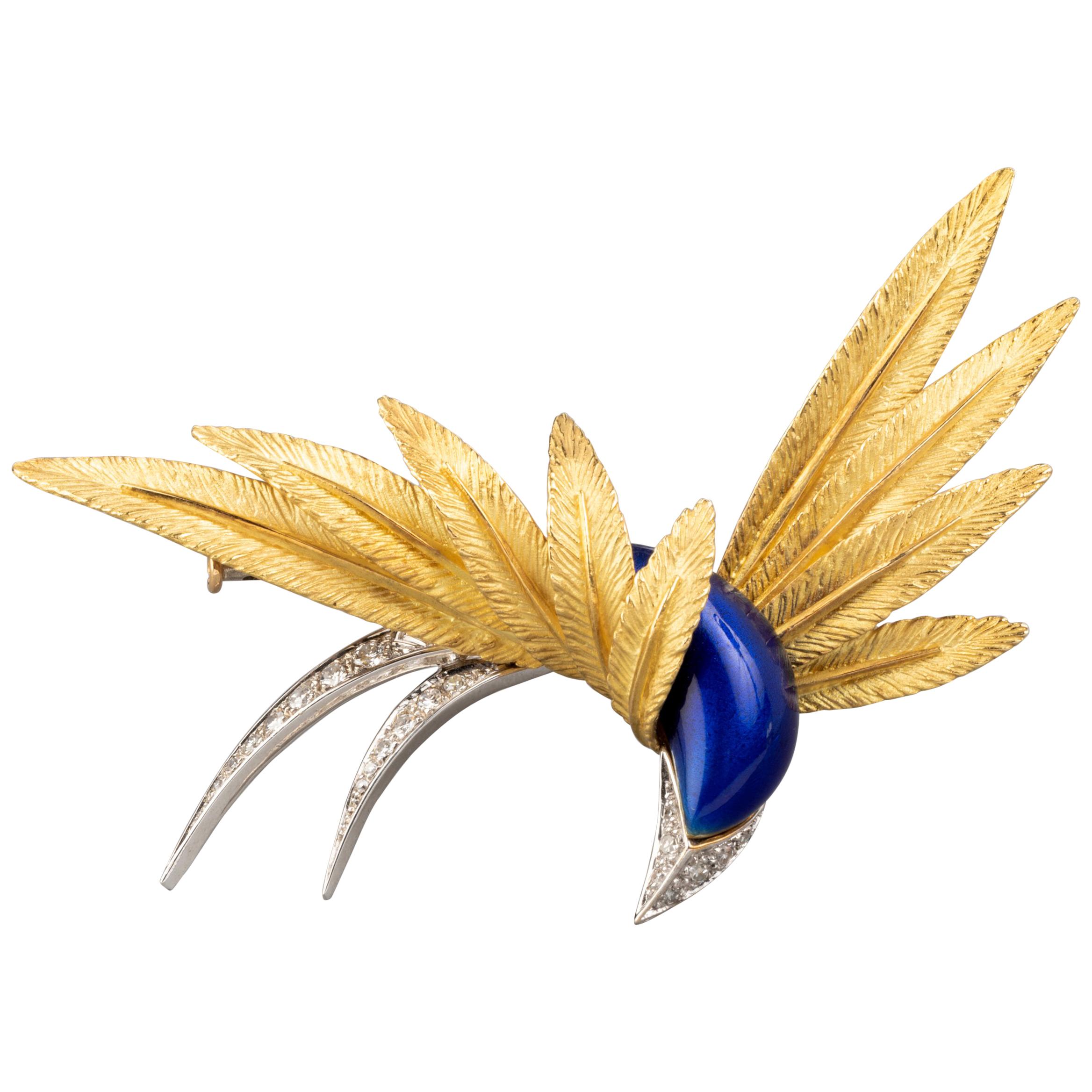 Gold Platinum Enamel and Diamonds French Paradise Bird Brooch