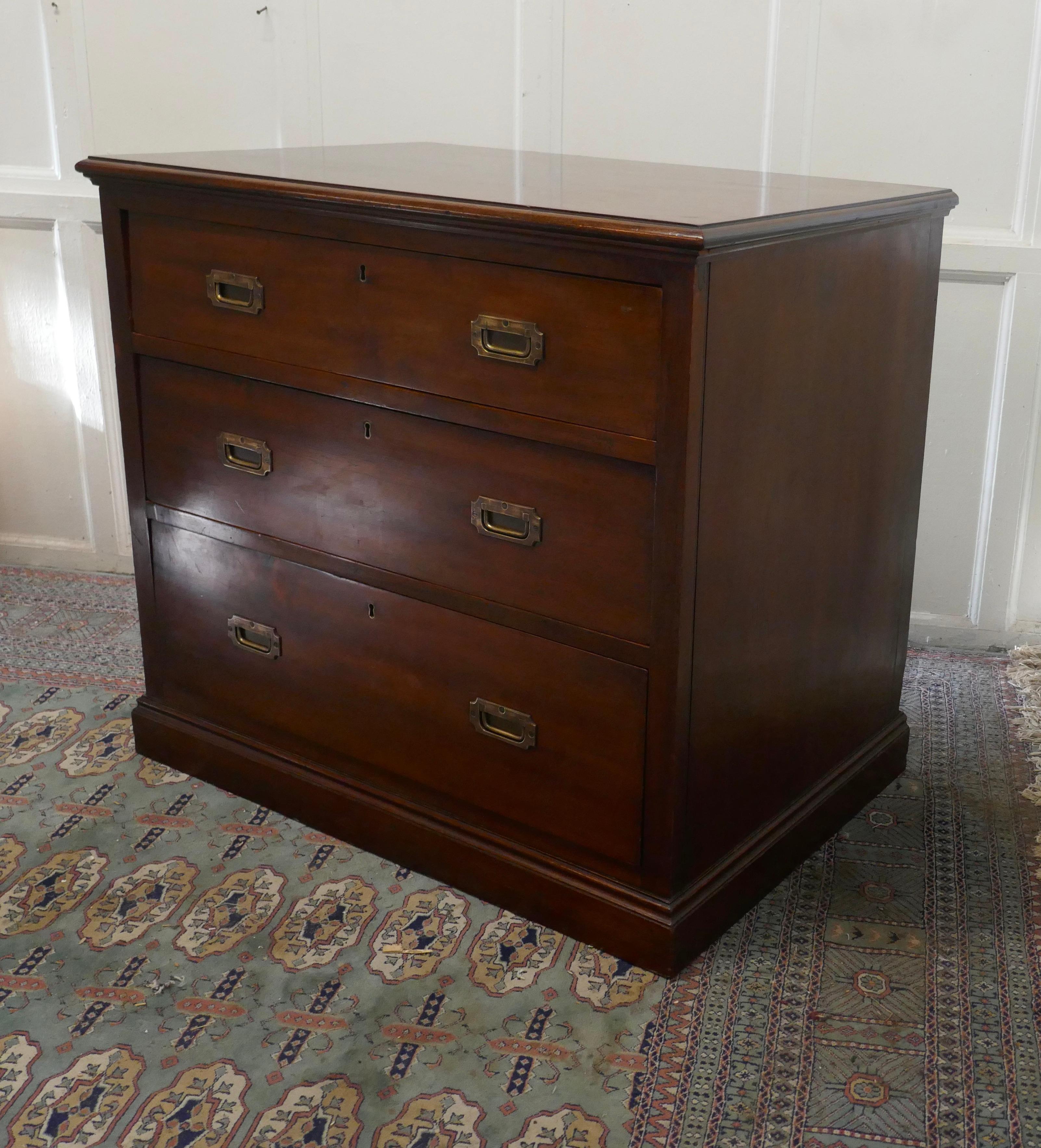 Good Quality 3 Drawer Mahogany campaign chest, from HMS Renown

This is a delightful and interesting piece, it is made in Mahogany, a Campaign Chest with inset brass handles and 3 deep drawers.
On the underside of one of the drawers the ships