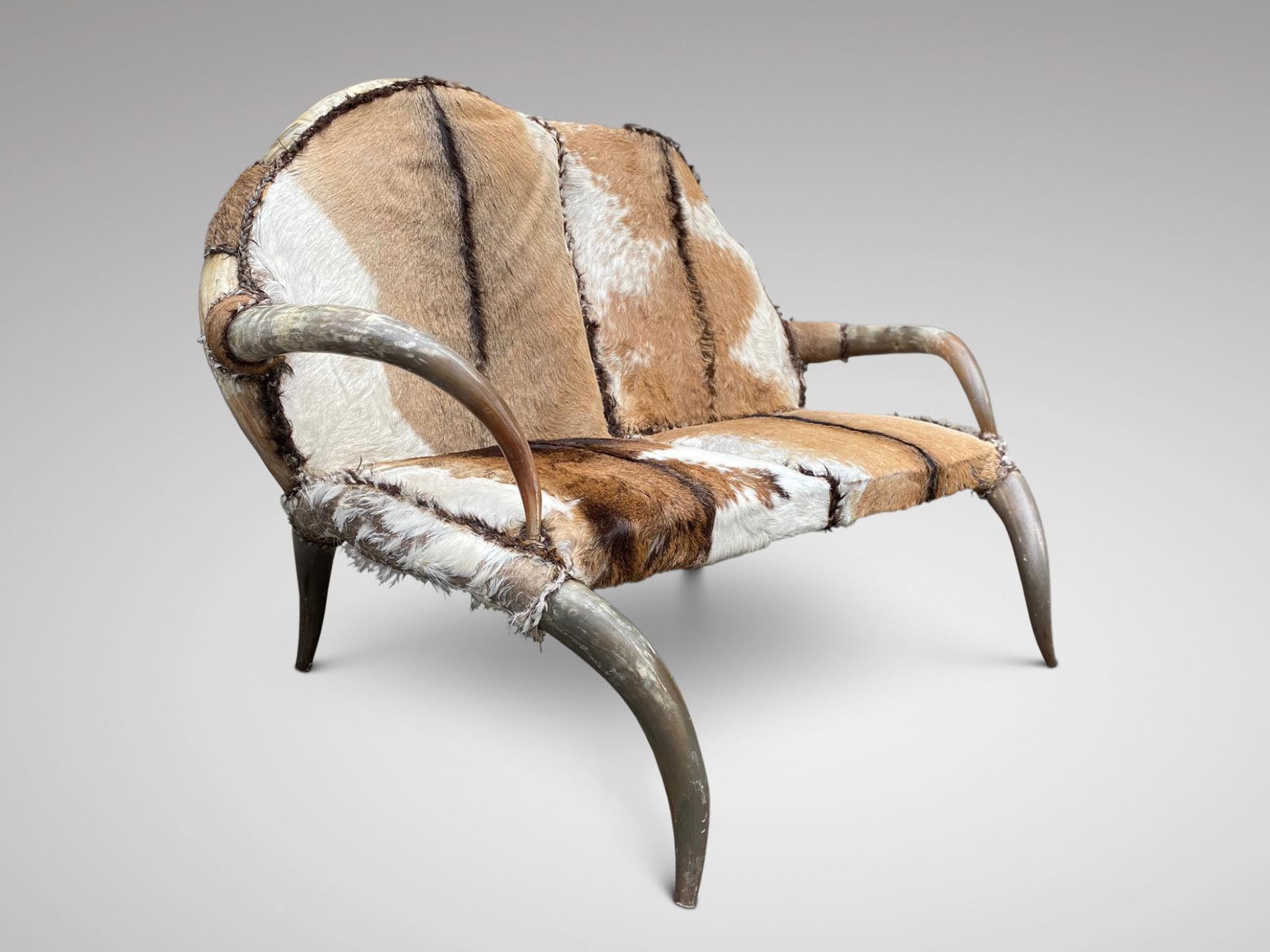 Spanish Good Quality Antique Horn and Animal Skin Settee Sofa For Sale