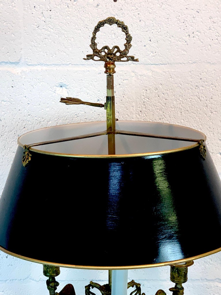 Enameled Good Quality French Empire Style Gilt Bronze Bouillotte Lamp with Tole Shade For Sale