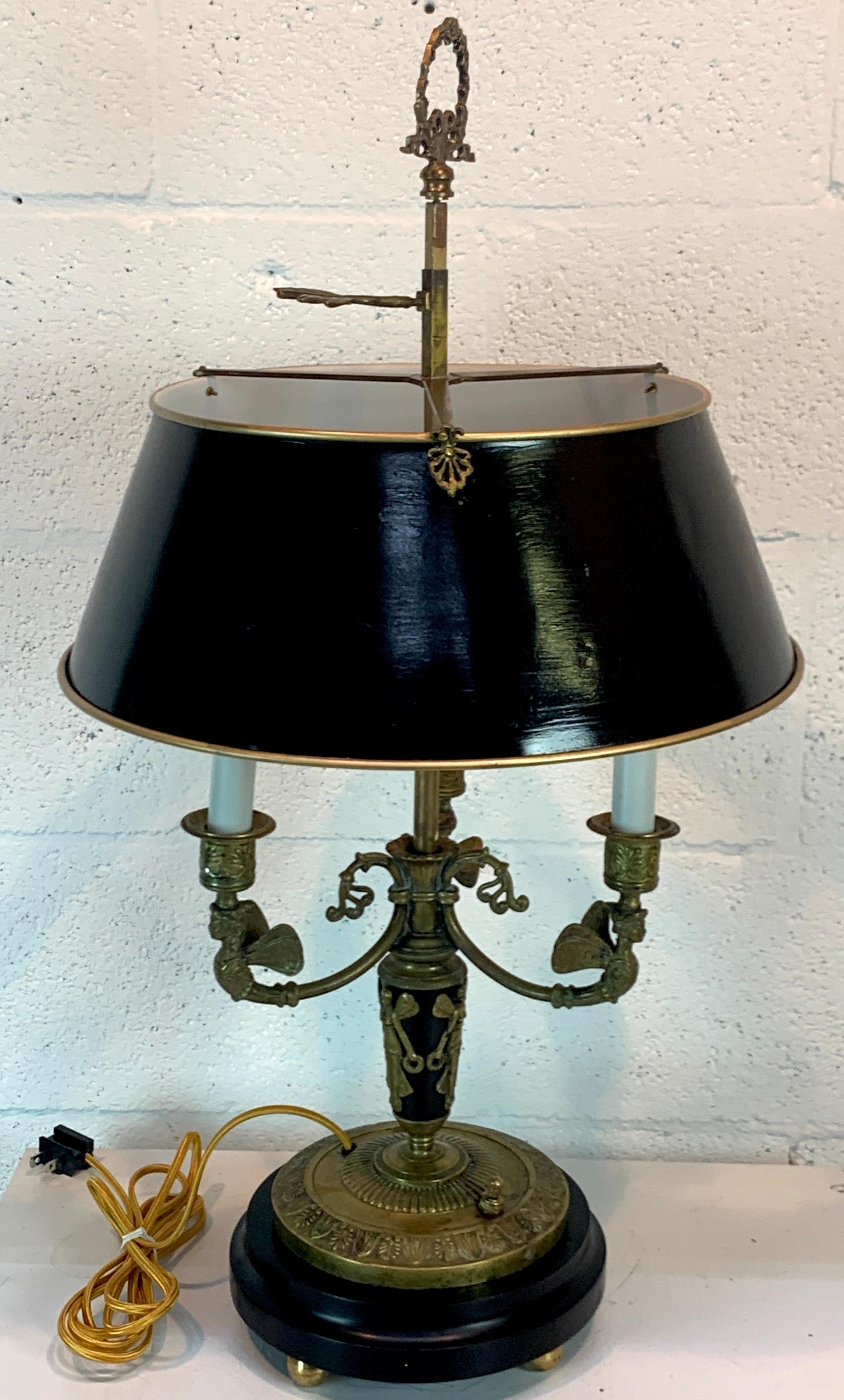 Metal Good Quality French Empire Style Gilt Bronze Bouillotte Lamp with Tole Shade