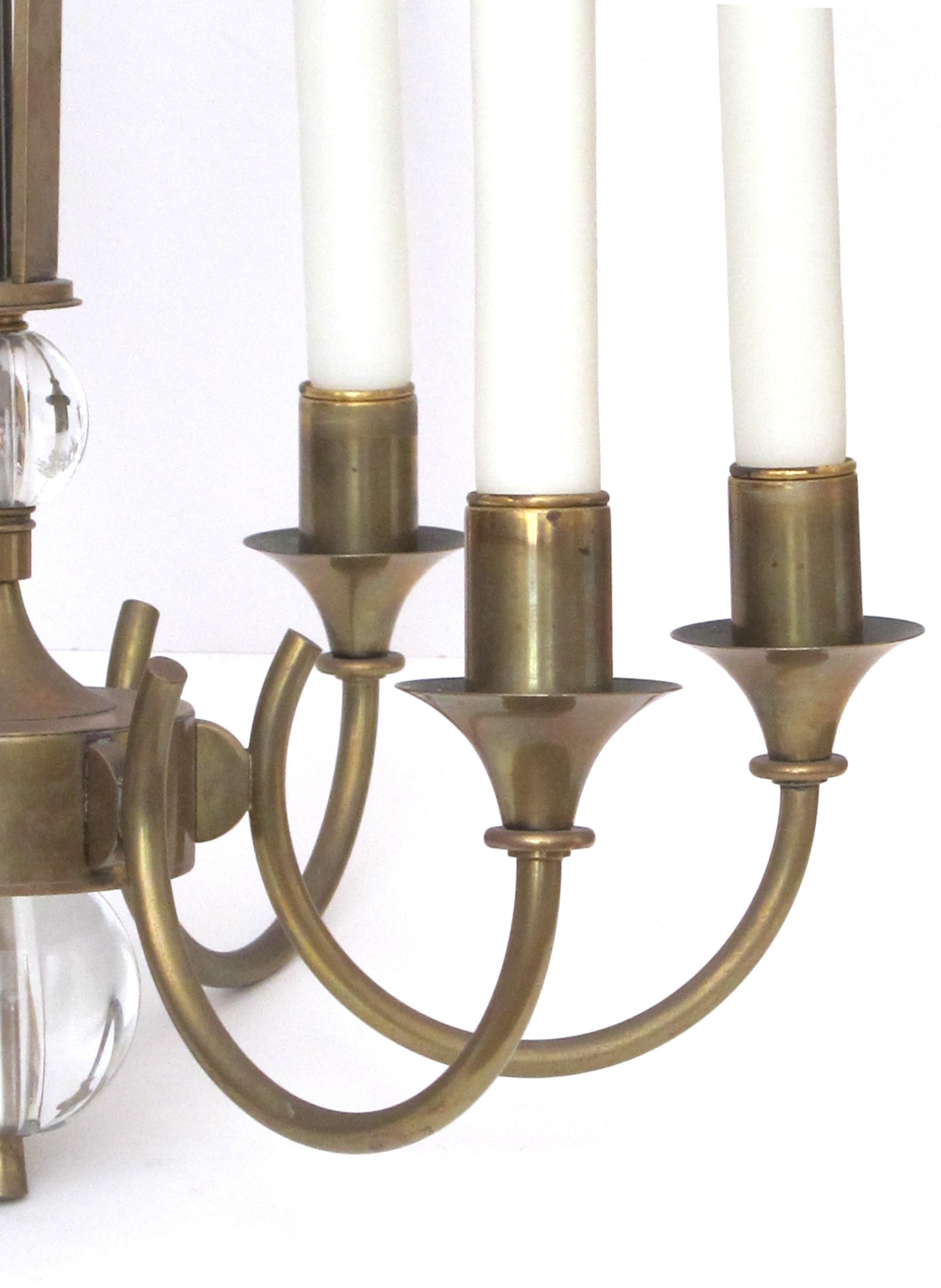 Mid-Century Modern Good Quality French Midcentury Brass 6-Arm Chandelier Fitted with Glass Orbs