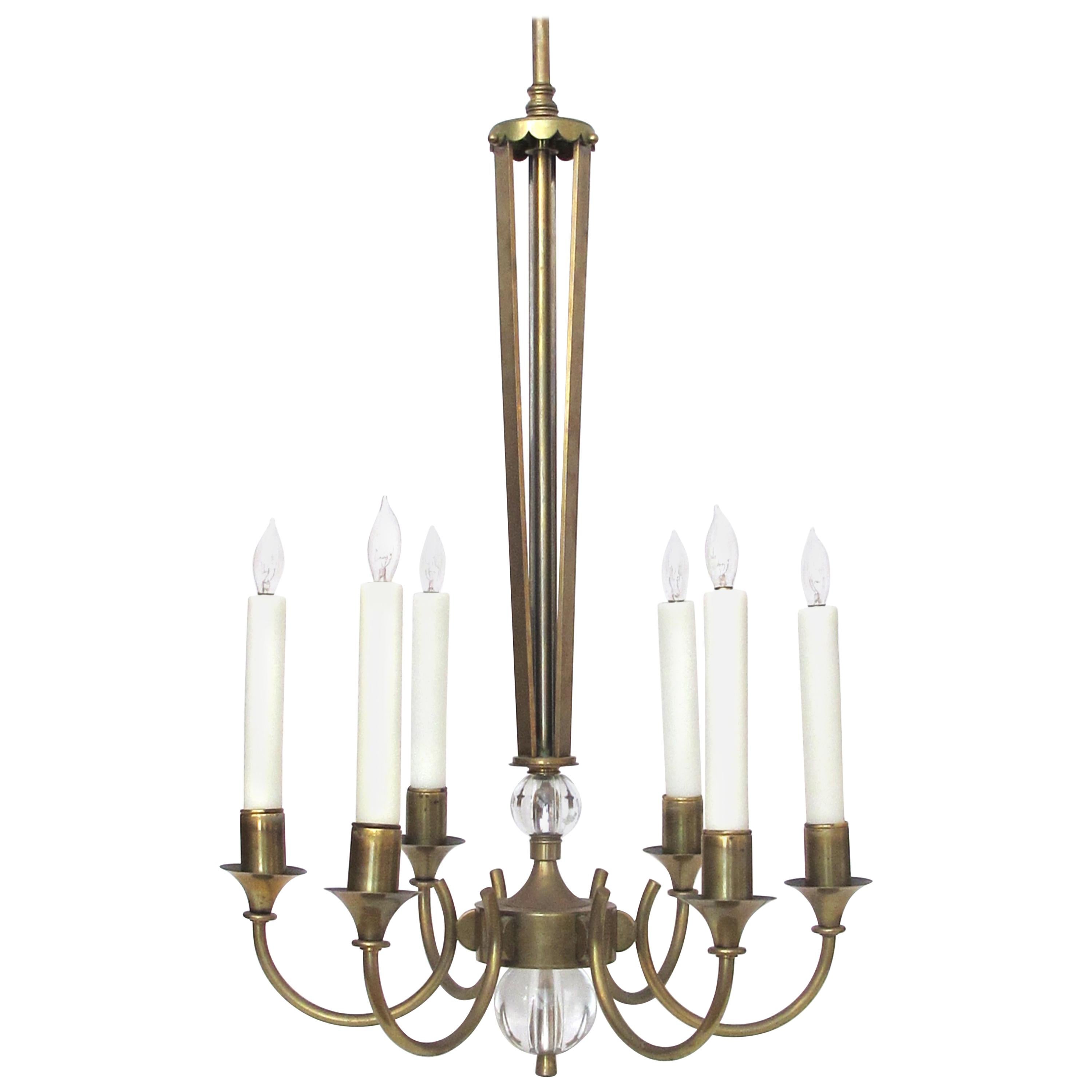 Good Quality French Midcentury Brass 6-Arm Chandelier Fitted with Glass Orbs