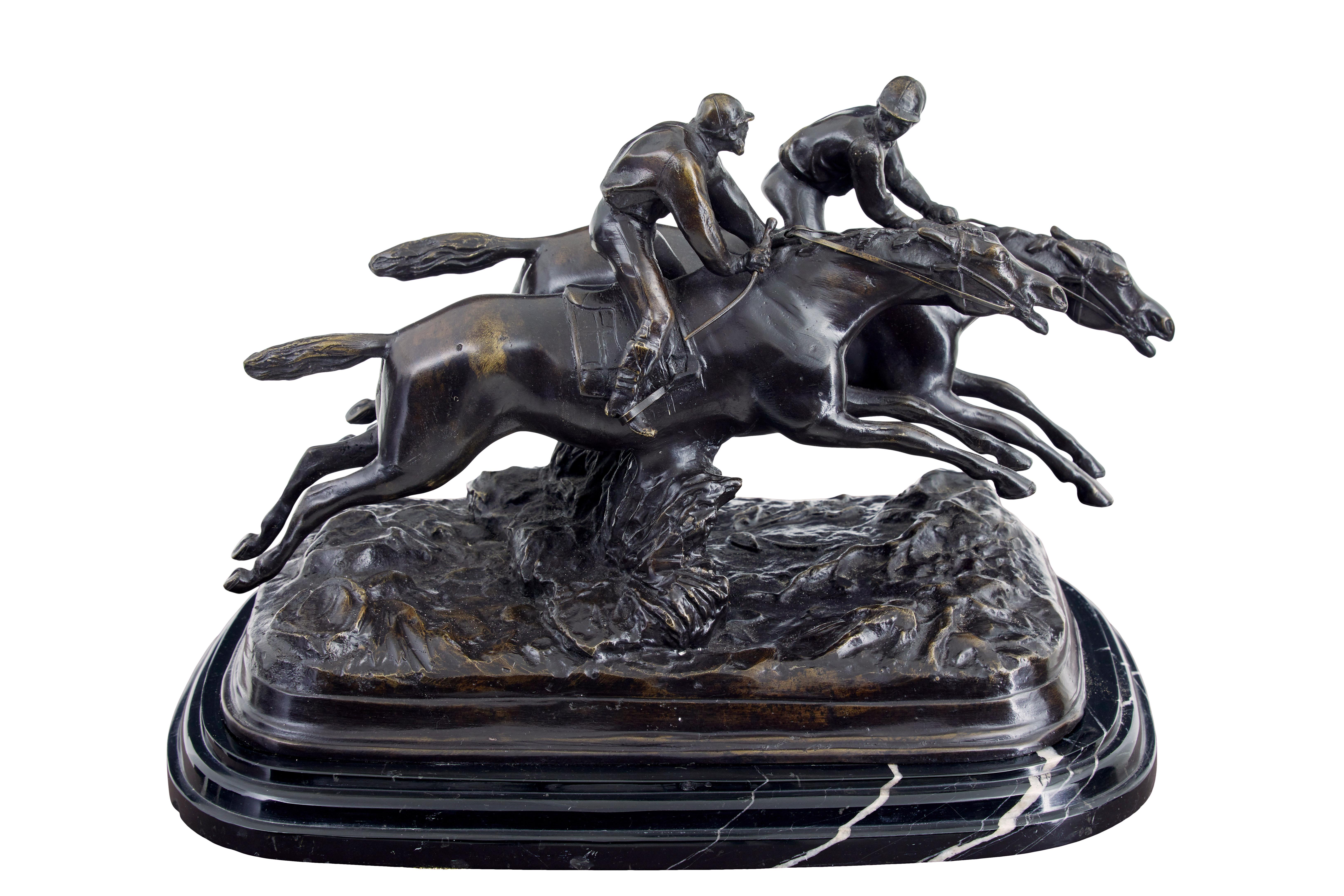 Good quality horse racing desk top bronze circa 1990.

Fine example of a mid sized bronze which we used as shop decoration for many years.  Depicts a pair of horses racing at full gallop with the jockeys looking at each other. This is a reproduction