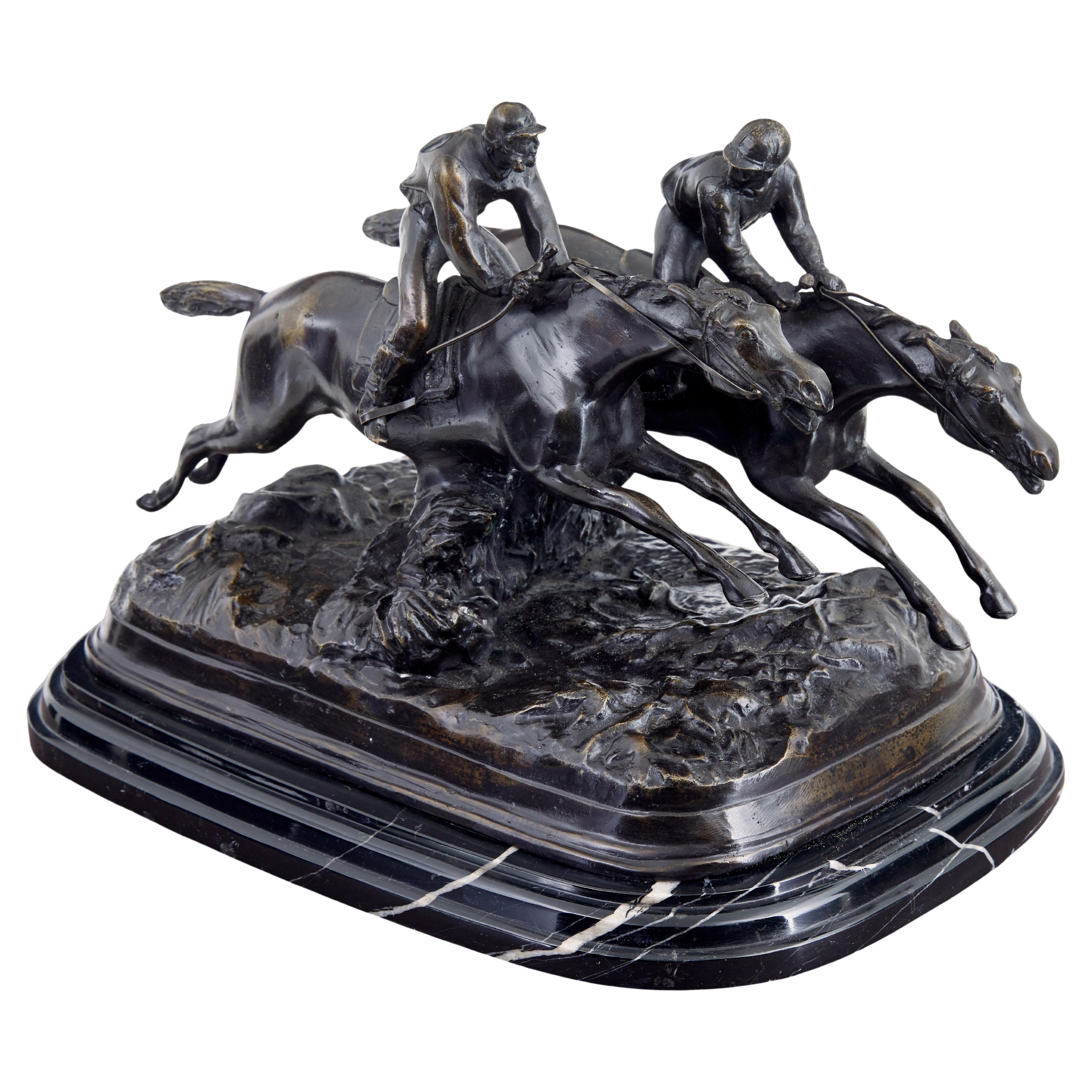 Good quality horse racing desk top bronze and marble For Sale