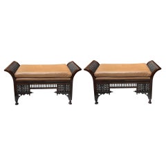 Good Quality Pair of Antique Syrian Carved Hardwood & Inlaid Upholstered Benches