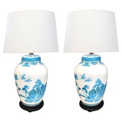 Retro Good Quality Pair of French 1950's Blue & White Cased Glass Ginger Jar Lamps 