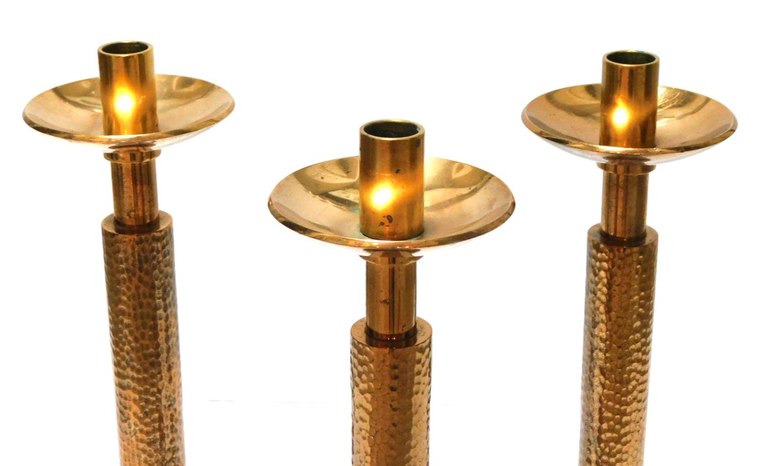 Hammered Good Quality Set of 3 of English Arts & Crafts Style Gilt-Bronze Candlesticks