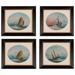 Antique Good Set of Four Oil on Linen Paintings of Chinese Junks by NC