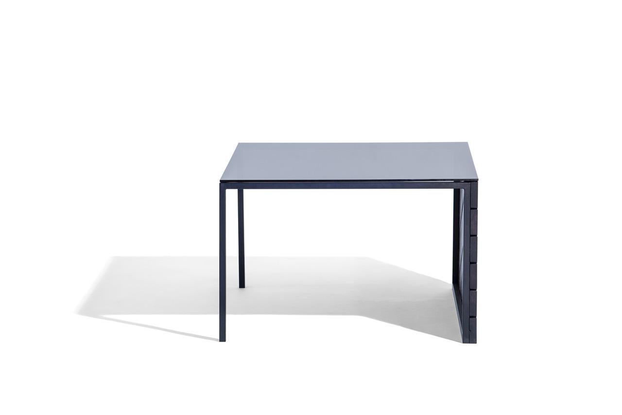 Moderne Table basse en frêne avec cadre en acier et plateau en verre gris Hinterland Design en vente