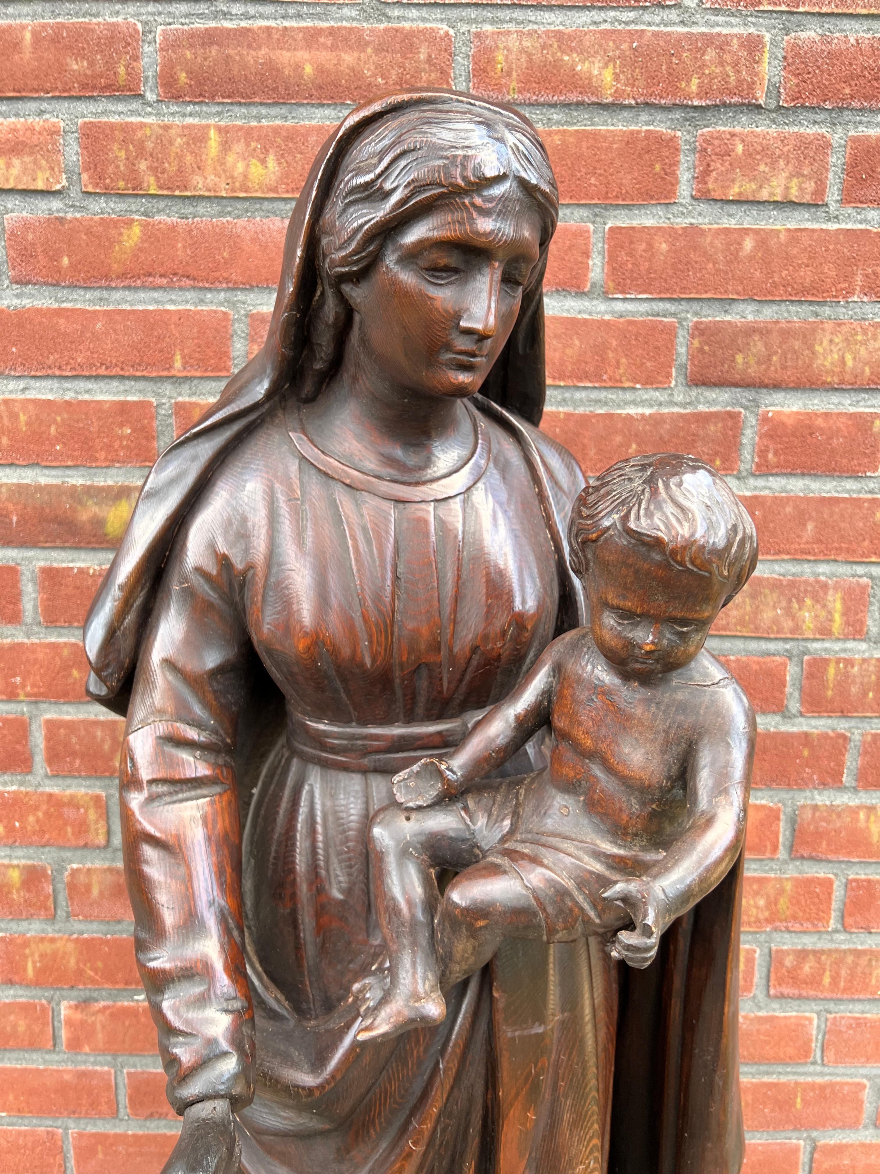 Wood Antique Museum Quality Carved Oak Church Statue of Mother Mary & Child Jesus For Sale