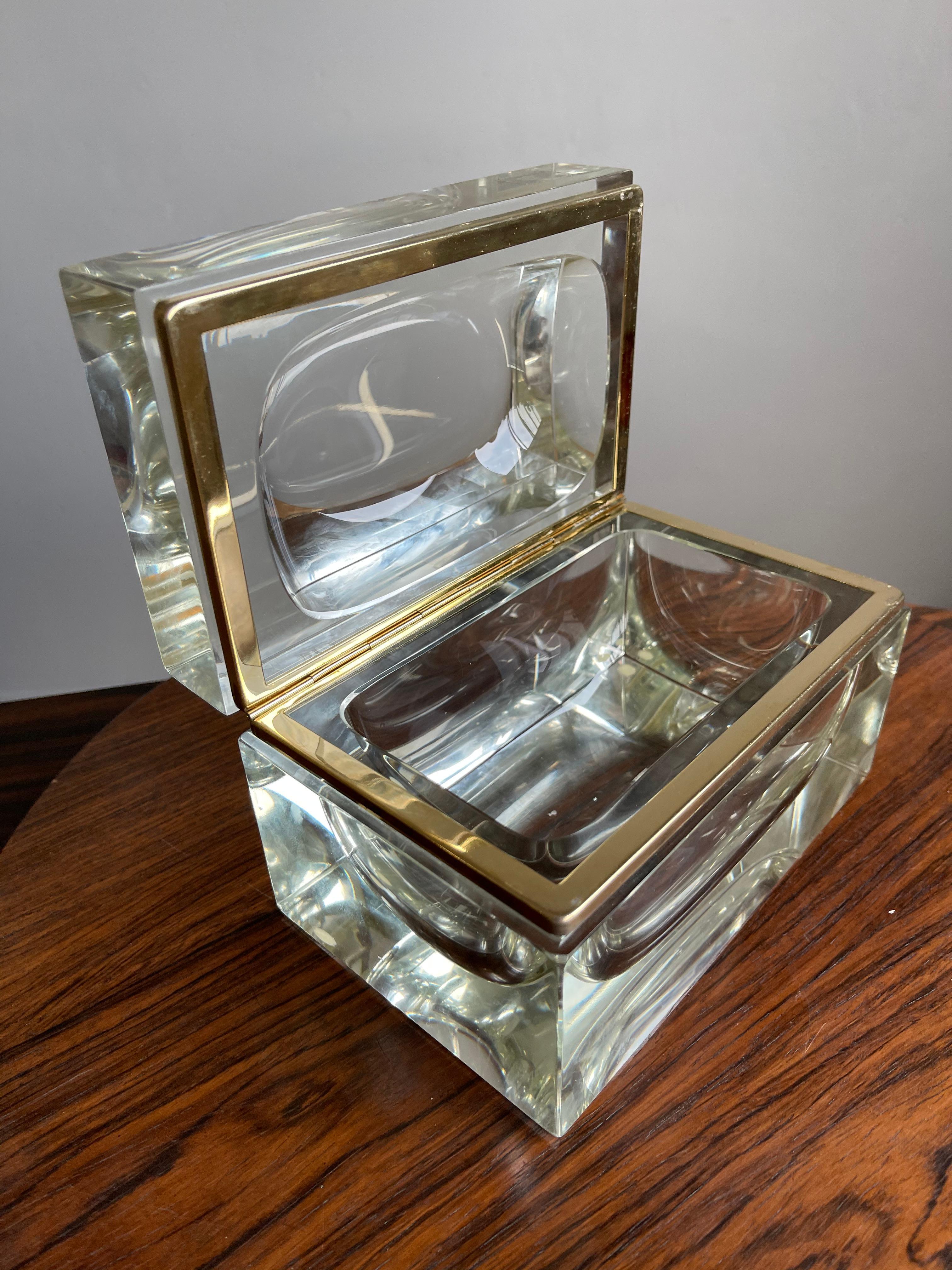 Brass Good Size and Exceptional Murano Clear Glass Art Box Designed by Mandruzzato