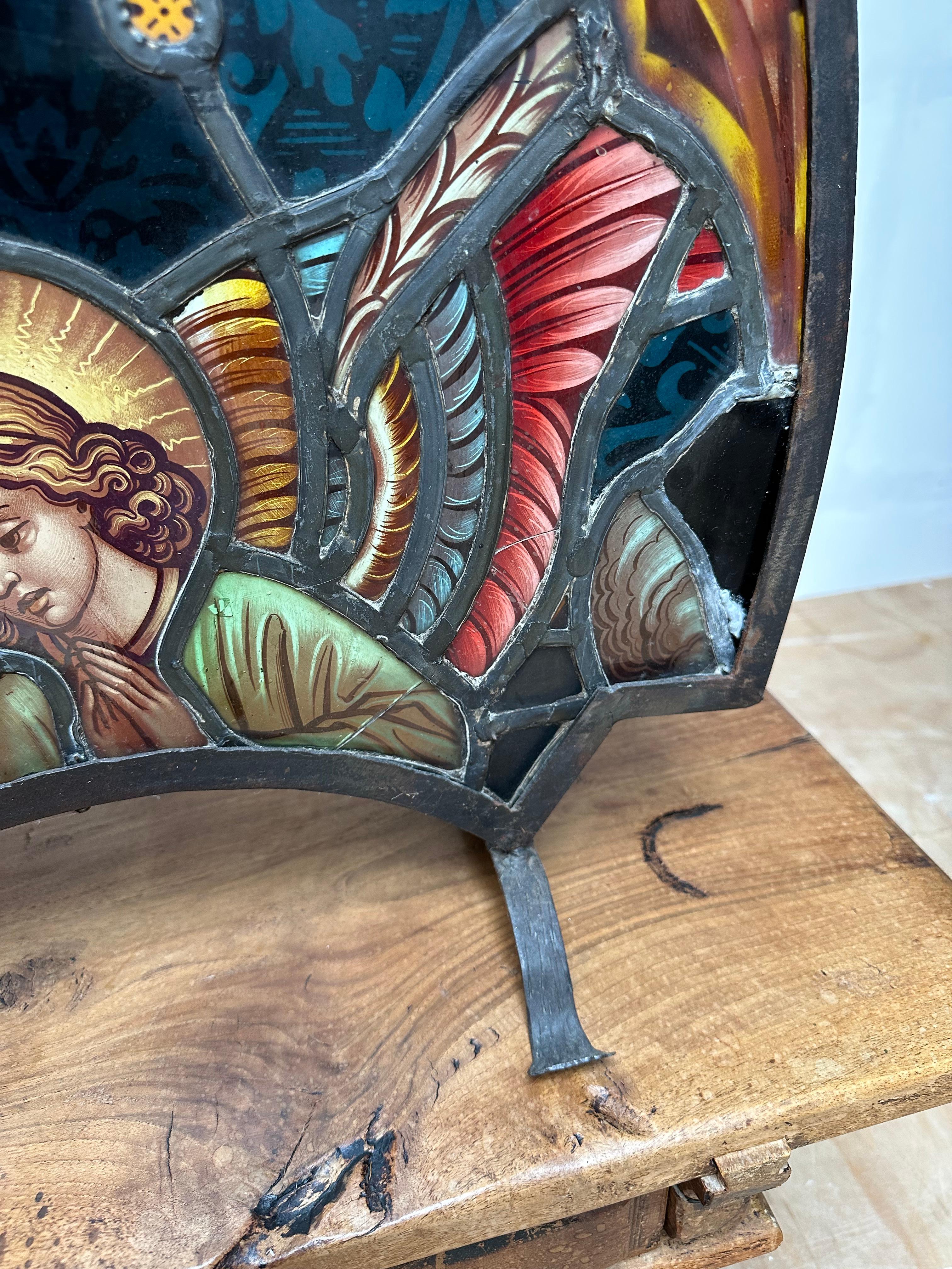 Good Size Antique Gothic Revival Hand Painted & Stain Leaded Glass Firescreen 6