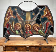 Good Size Antique Gothic Revival Hand Painted & Stain Leaded Glass Firescreen