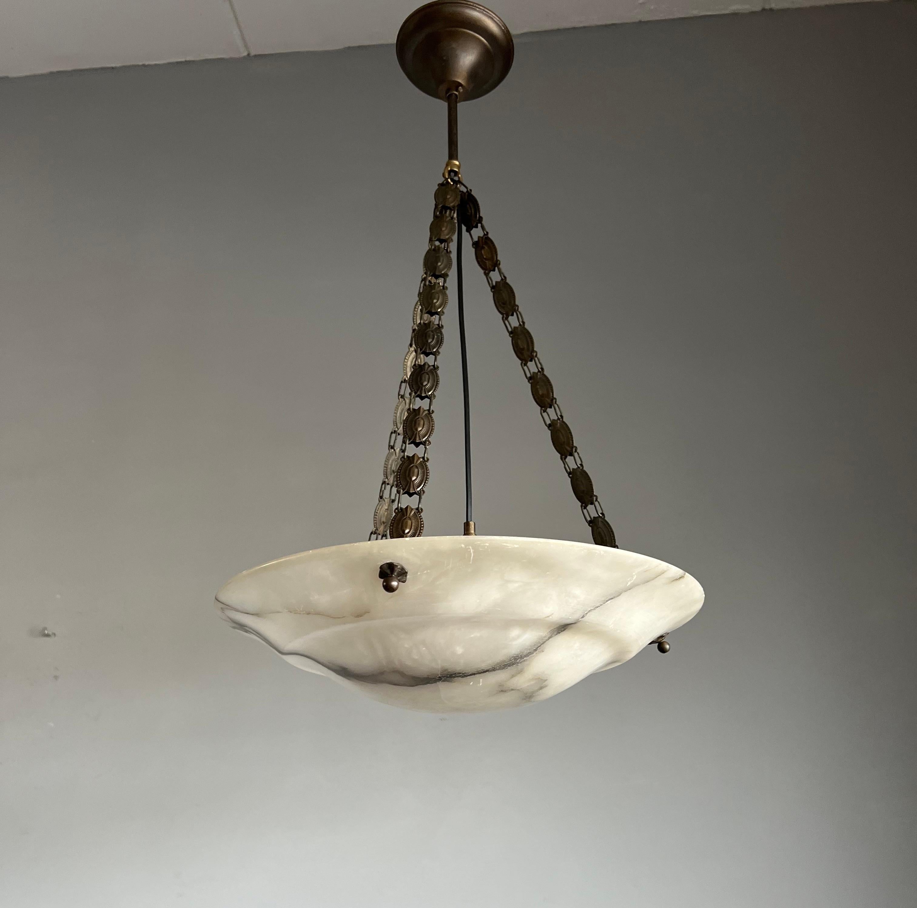 Good Size Art Deco Chandelier with Stunning Alabaster Shade & Brass Chain, 1920 9