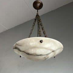 Good Size Art Deco Chandelier with Stunning Alabaster Shade & Brass Chain, 1920