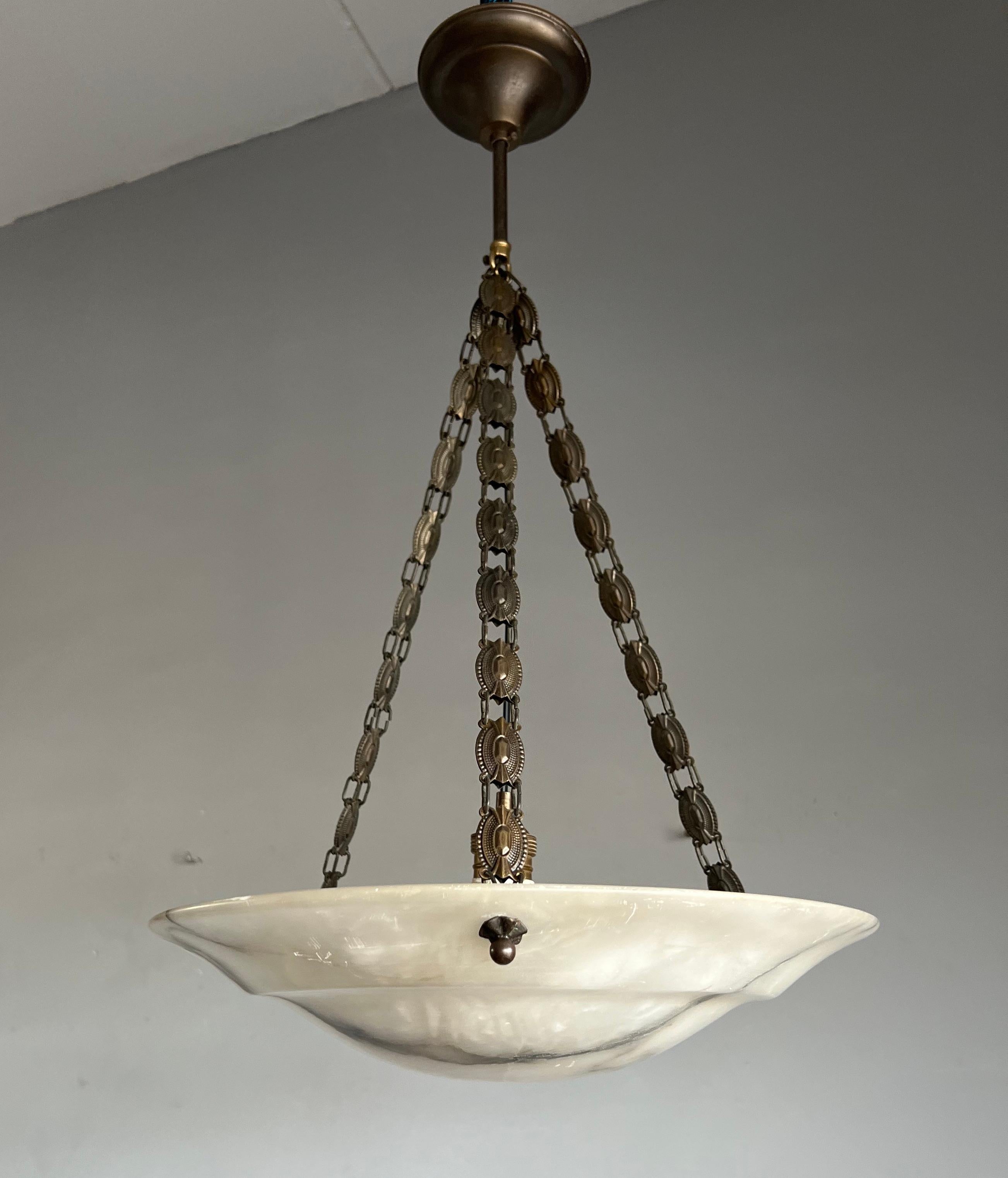 Hand-Carved Good Size Art Deco Chandelier with Stunning Alabaster Shade & Brass Chain, 1920