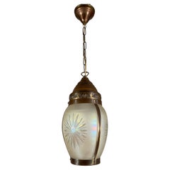 Good Size Arts & Crafts Engraved Star Glass, Brass Hall Entry Lantern / Pendant