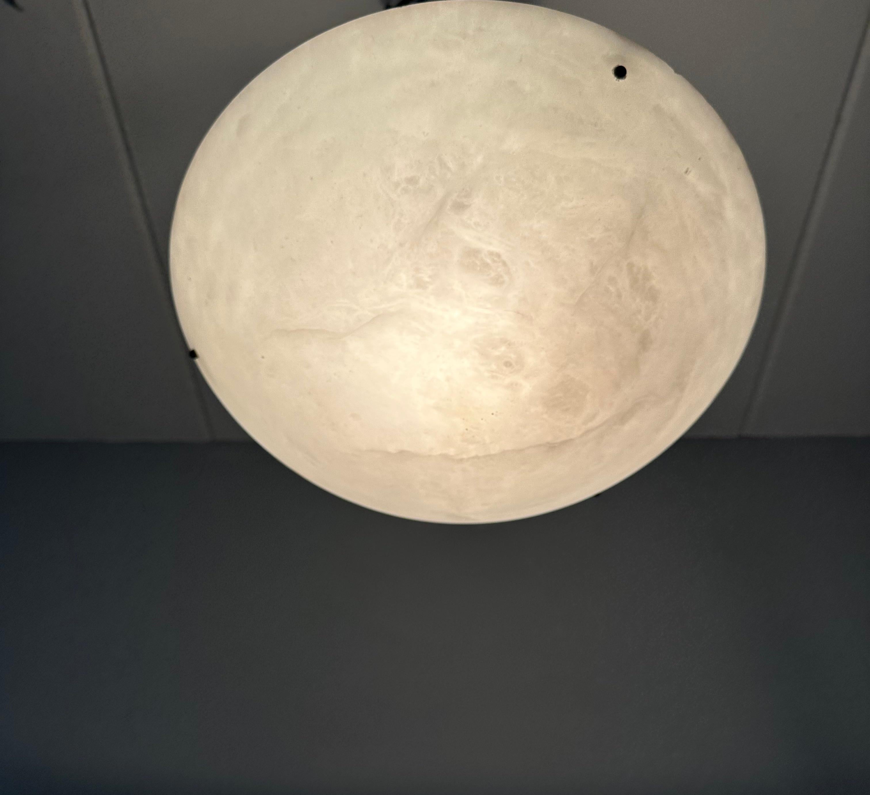 Late 20th Century Good Size Flush Mount / Pendant with Stunning White Alabaster Moon-Like Shade For Sale