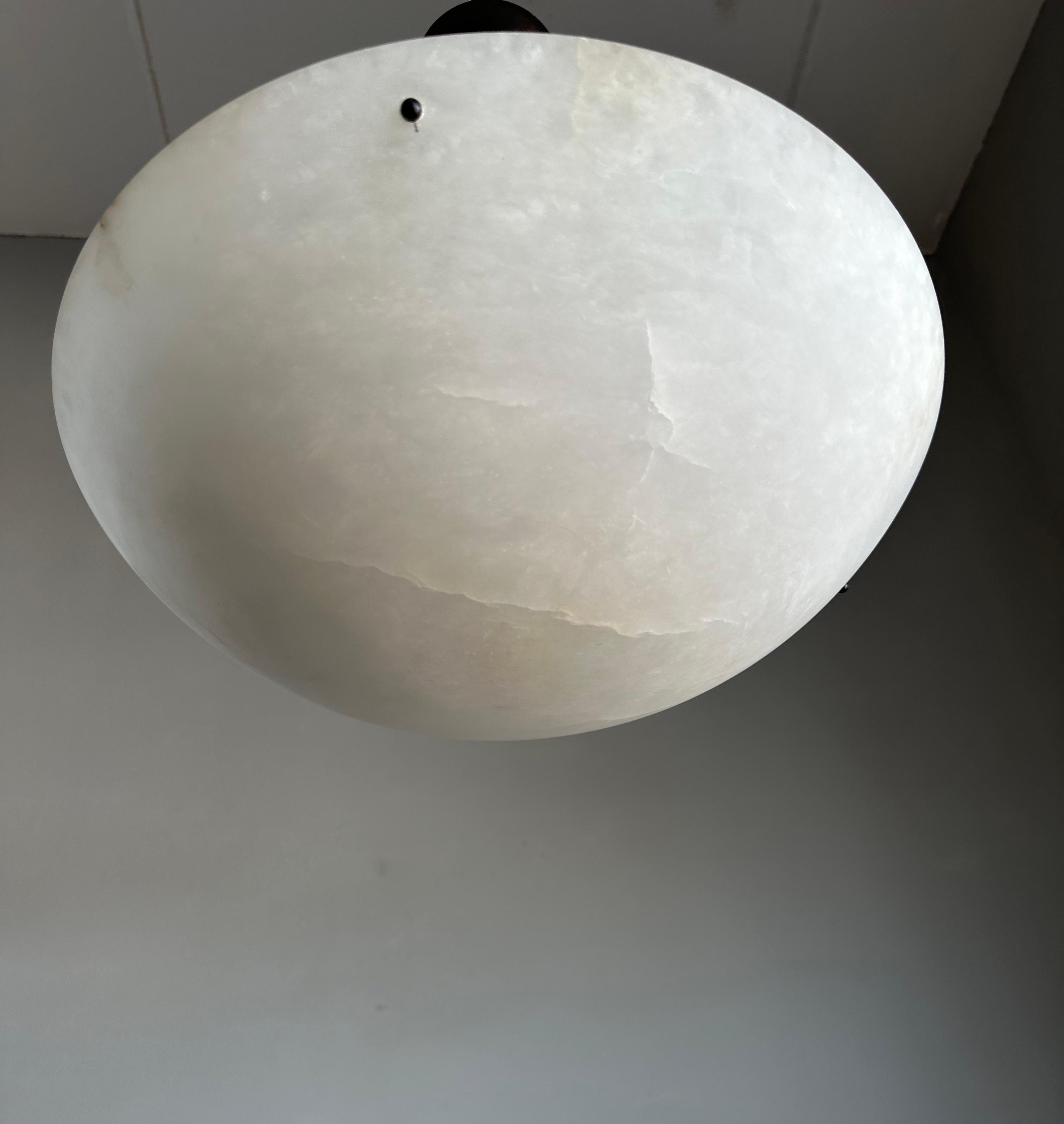 Iron Good Size Flush Mount / Pendant with Stunning White Alabaster Moon-Like Shade For Sale