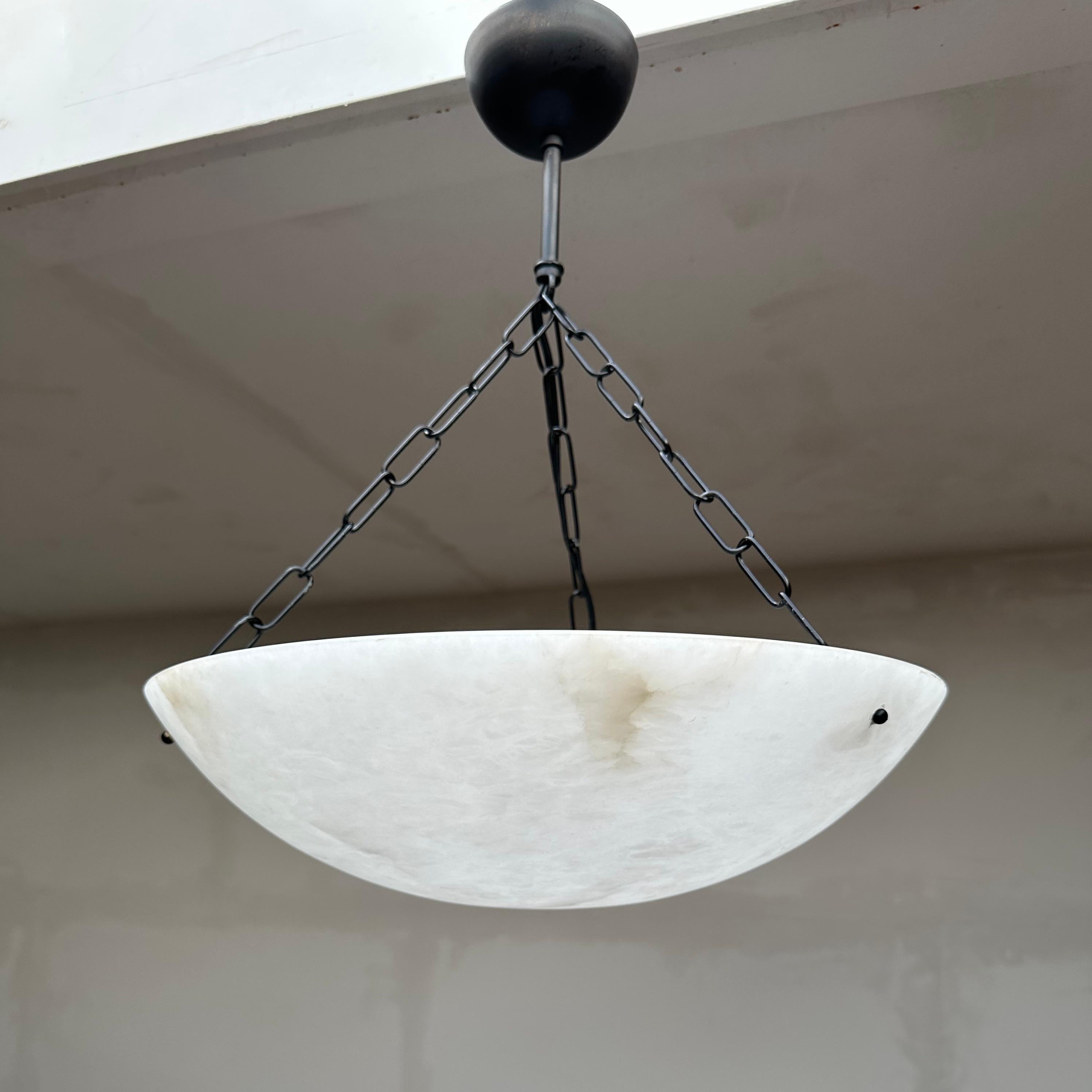 Art Deco Good Size Flush Mount / Pendant with Stunning White Alabaster Moon-Like Shade For Sale