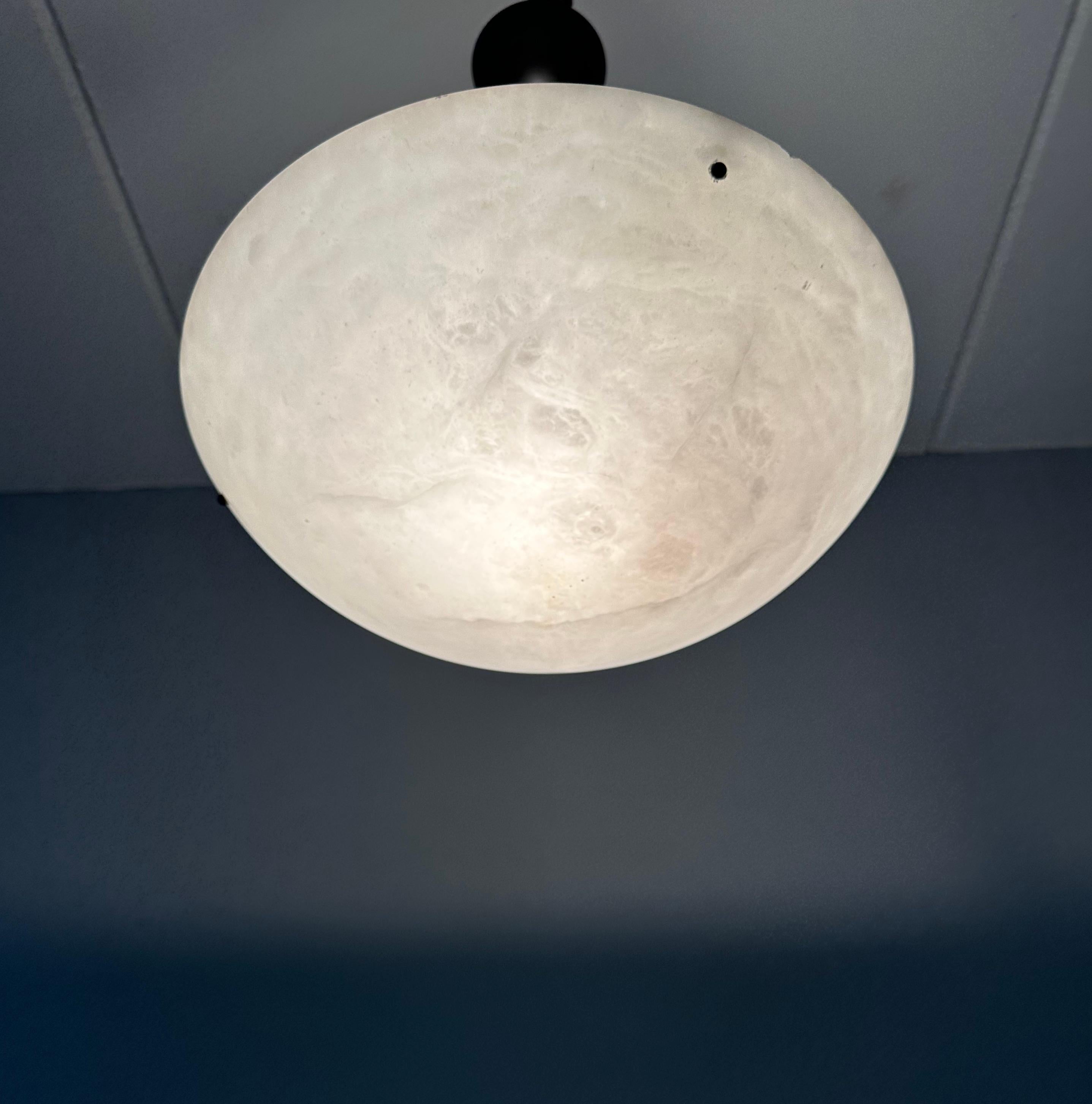 Polished Good Size Flush Mount / Pendant with Stunning White Alabaster Moon-Like Shade For Sale