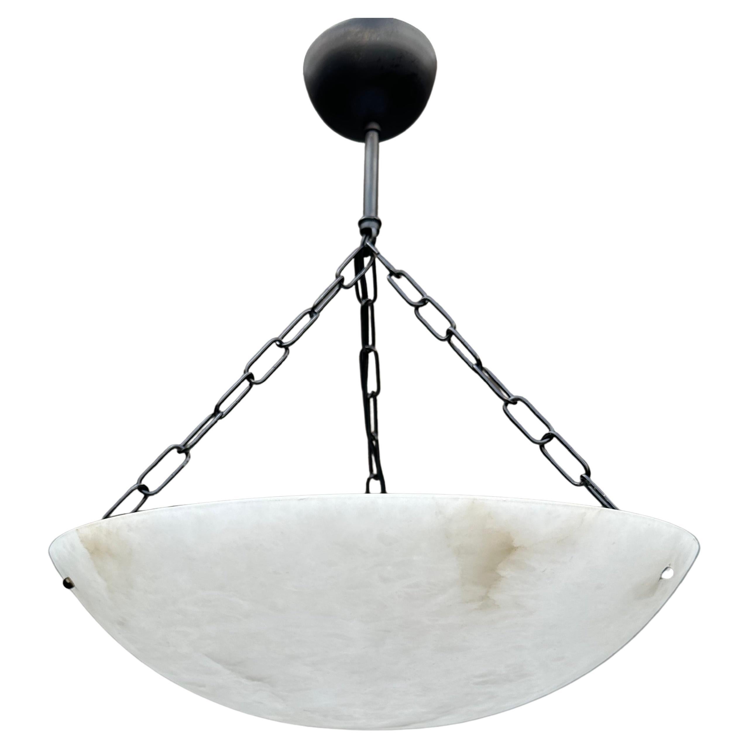 Good Size Flush Mount / Pendant with Stunning White Alabaster Moon-Like Shade For Sale