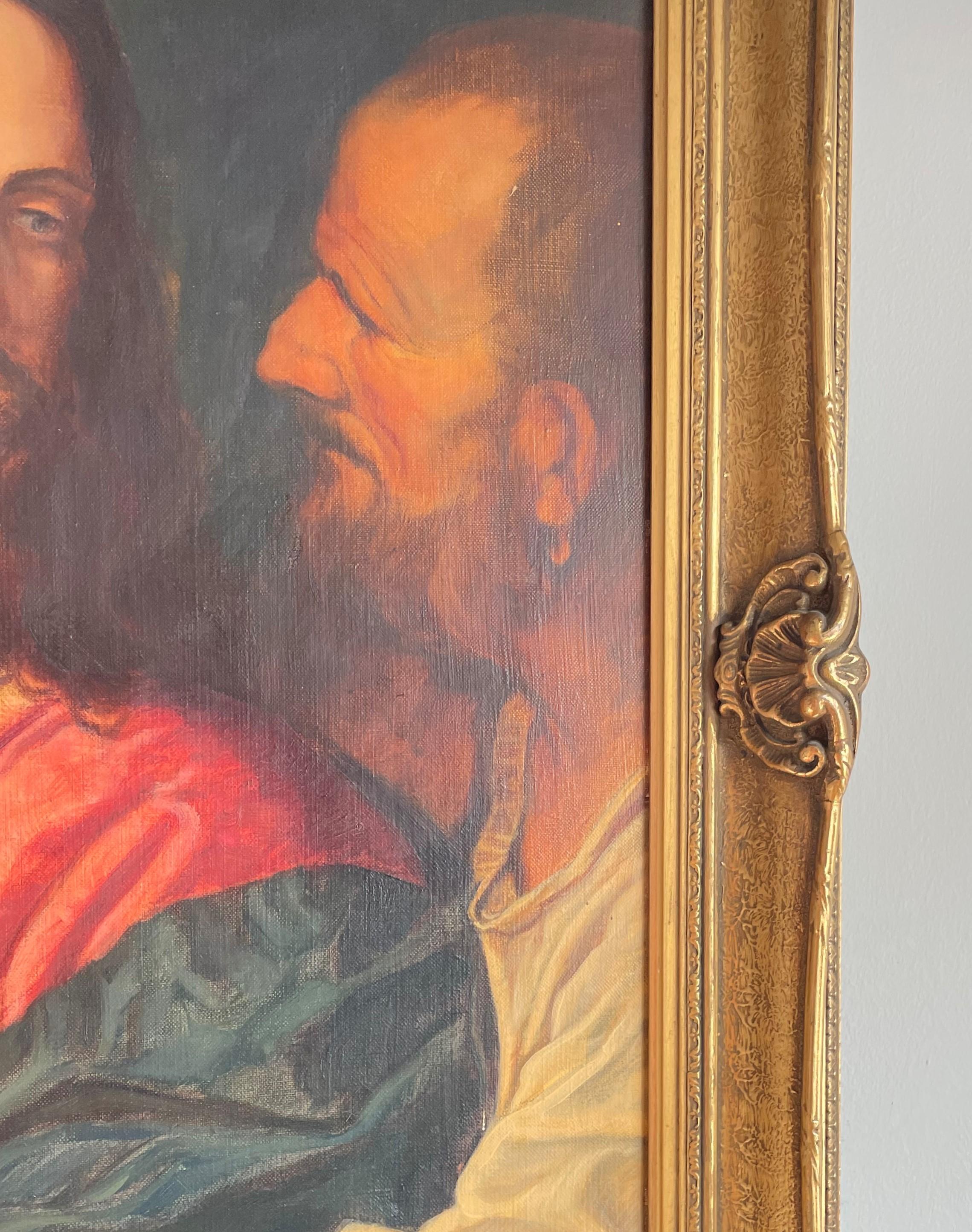 20th Century Good Size Hand Painted Antique Oil on Canvas Painting of Jesus Christ and Judas