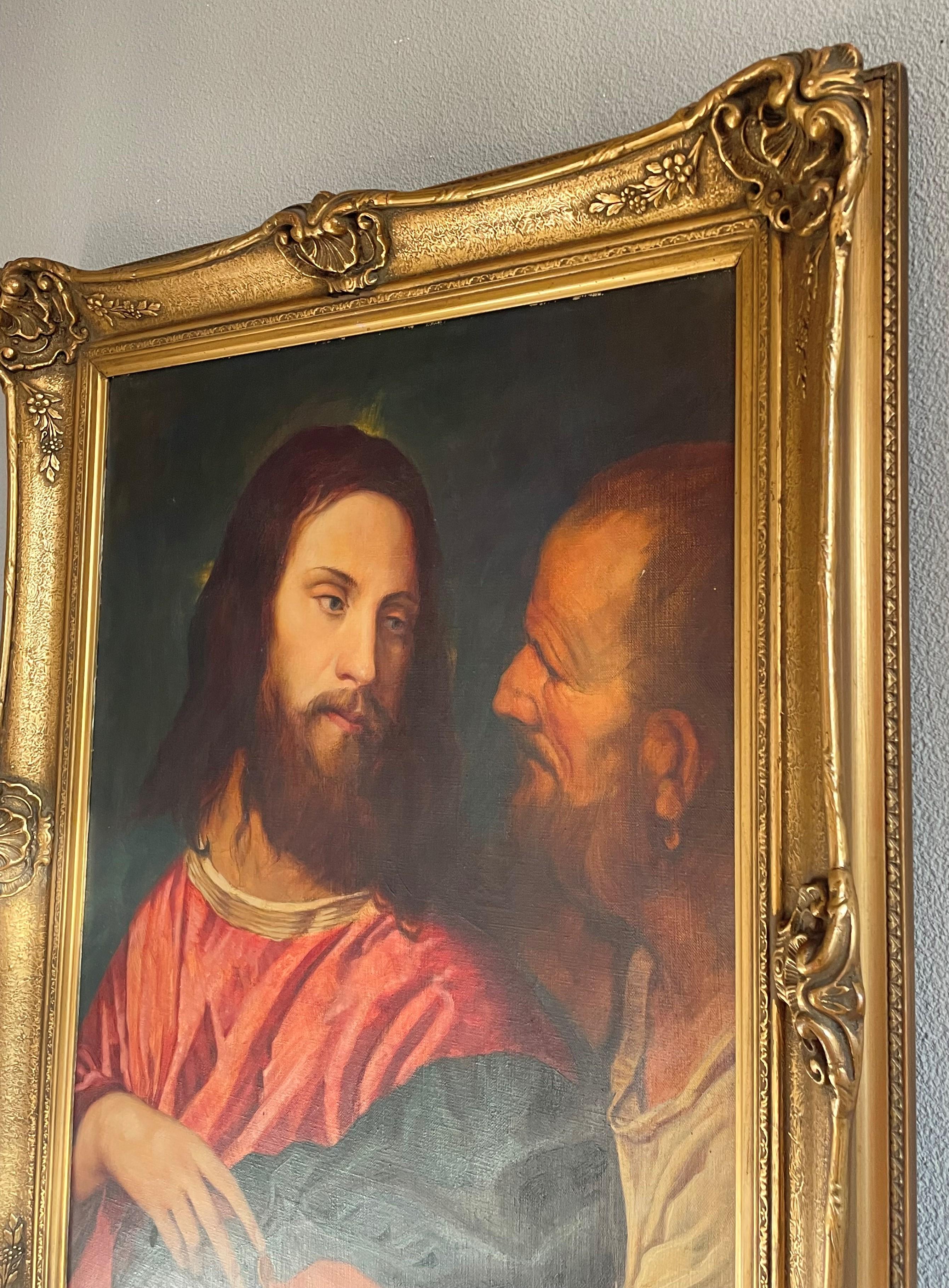 Good Size Hand Painted Antique Oil on Canvas Painting of Jesus Christ and Judas 1