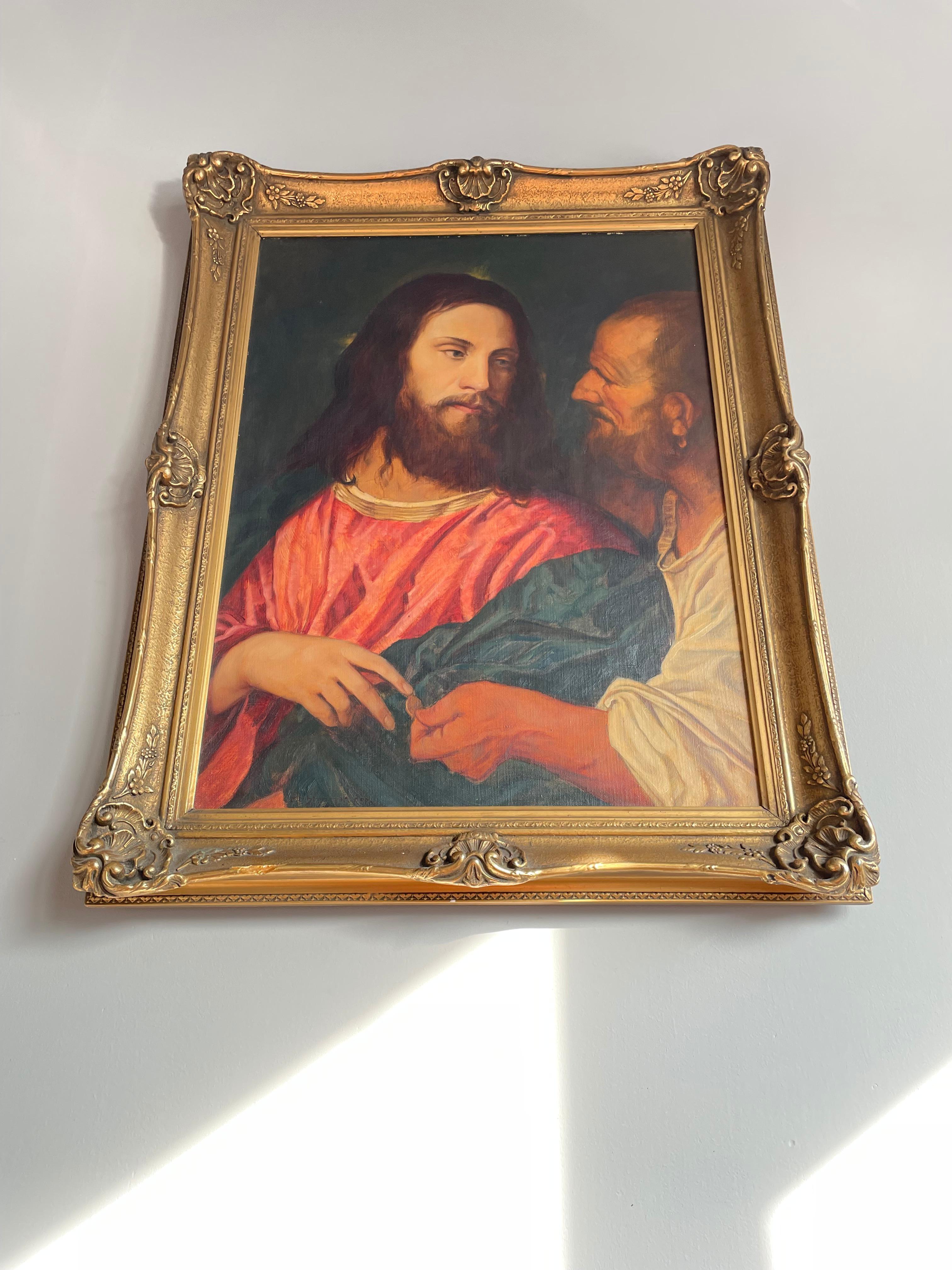 Good Size Hand Painted Antique Oil on Canvas Painting of Jesus Christ and Judas 2
