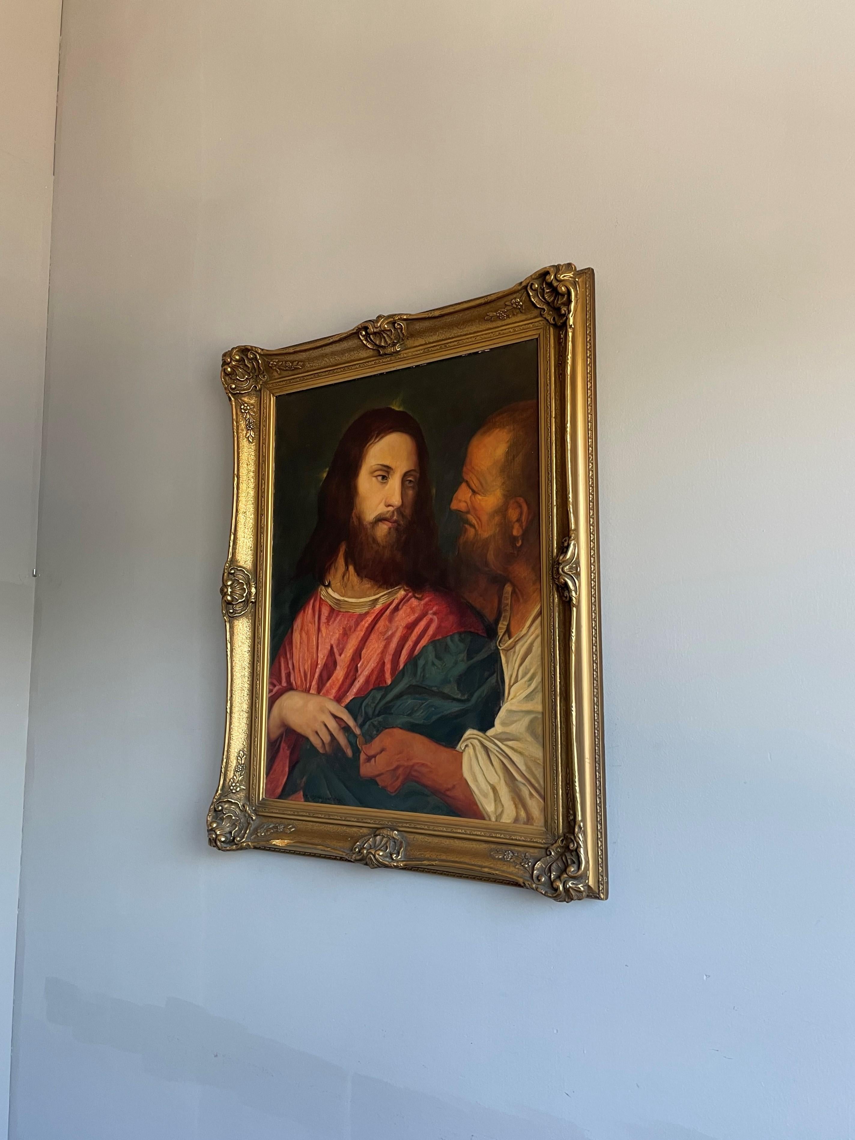 Good Size Hand Painted Antique Oil on Canvas Painting of Jesus Christ and Judas 9