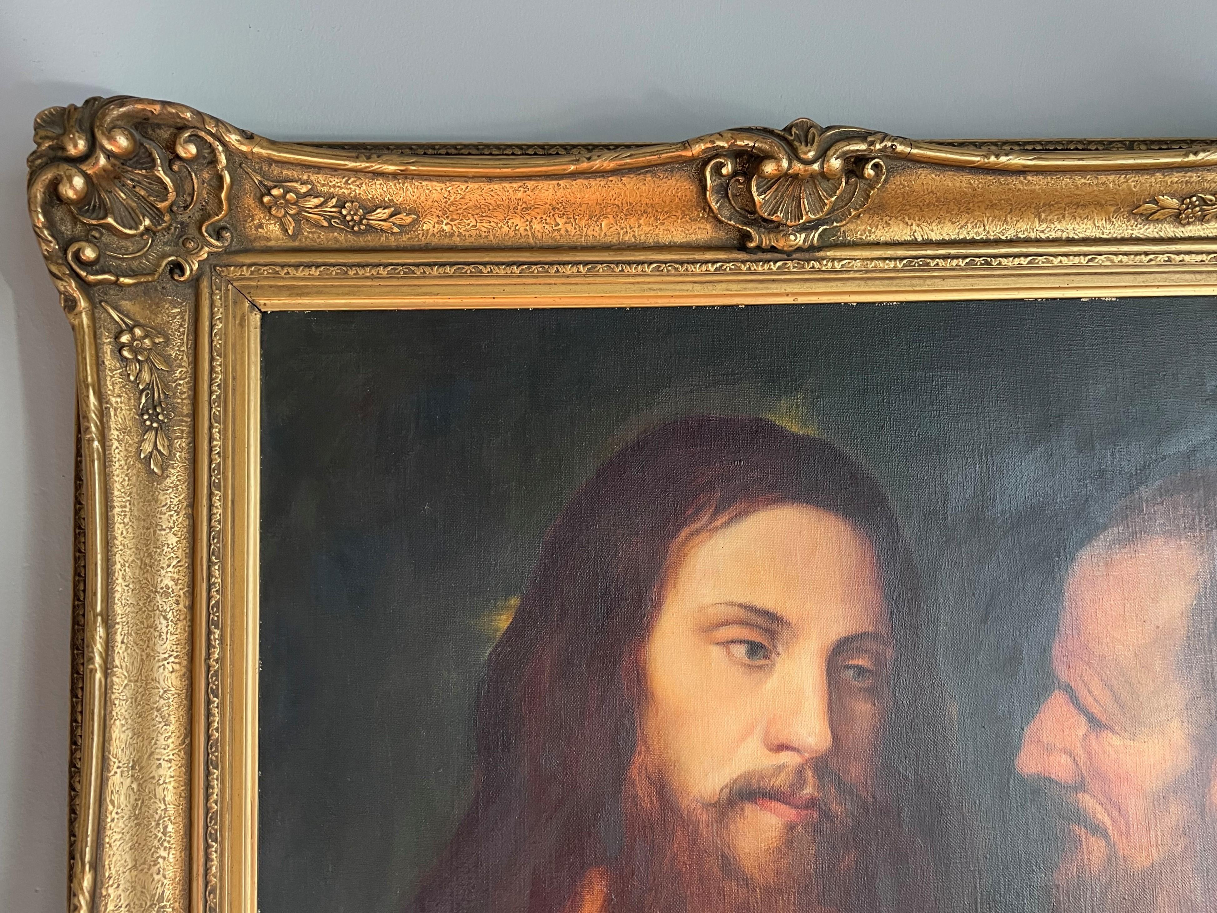 Gothic Revival Good Size Hand Painted Antique Oil on Canvas Painting of Jesus Christ and Judas