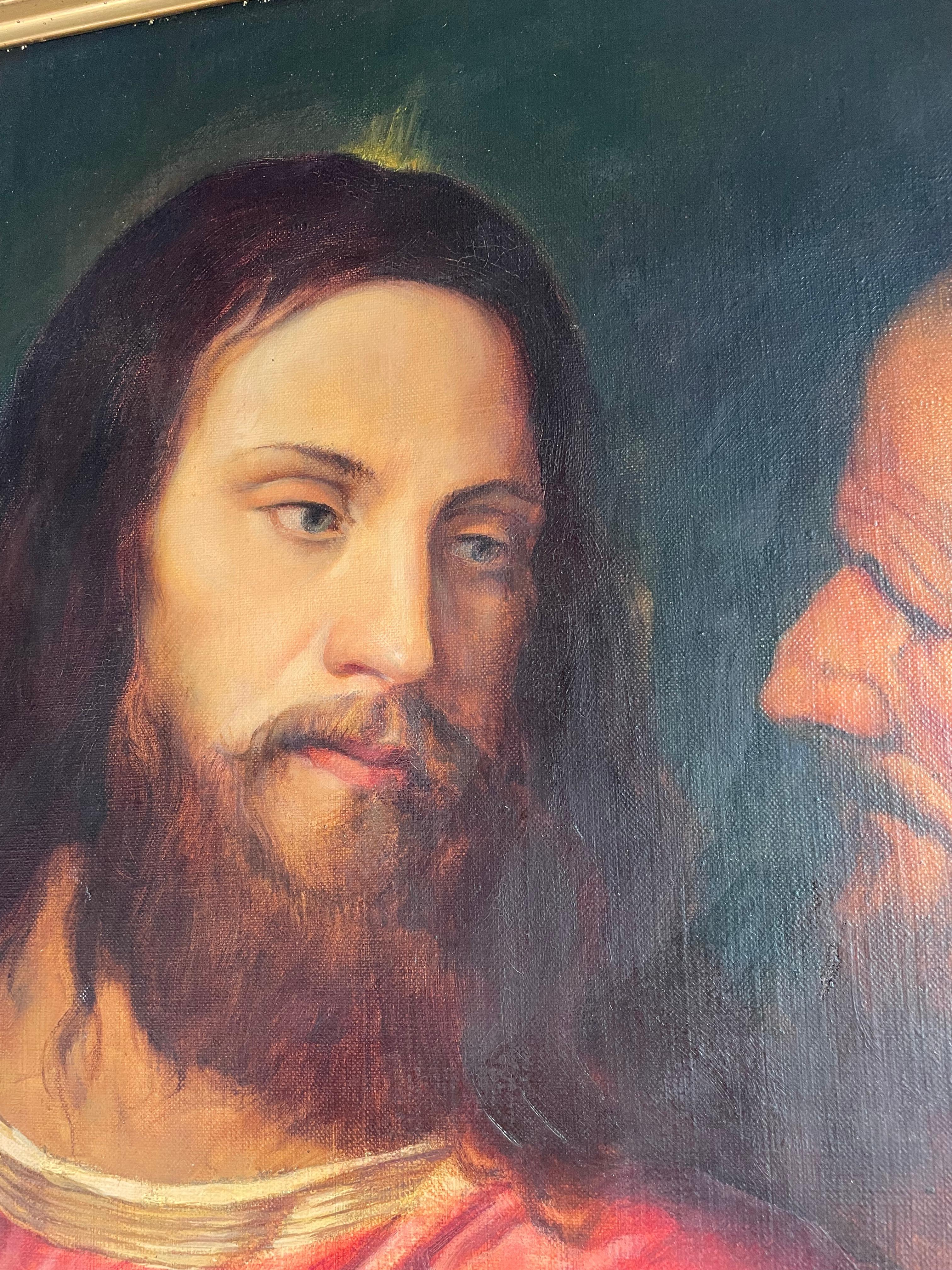 European Good Size Hand Painted Antique Oil on Canvas Painting of Jesus Christ and Judas