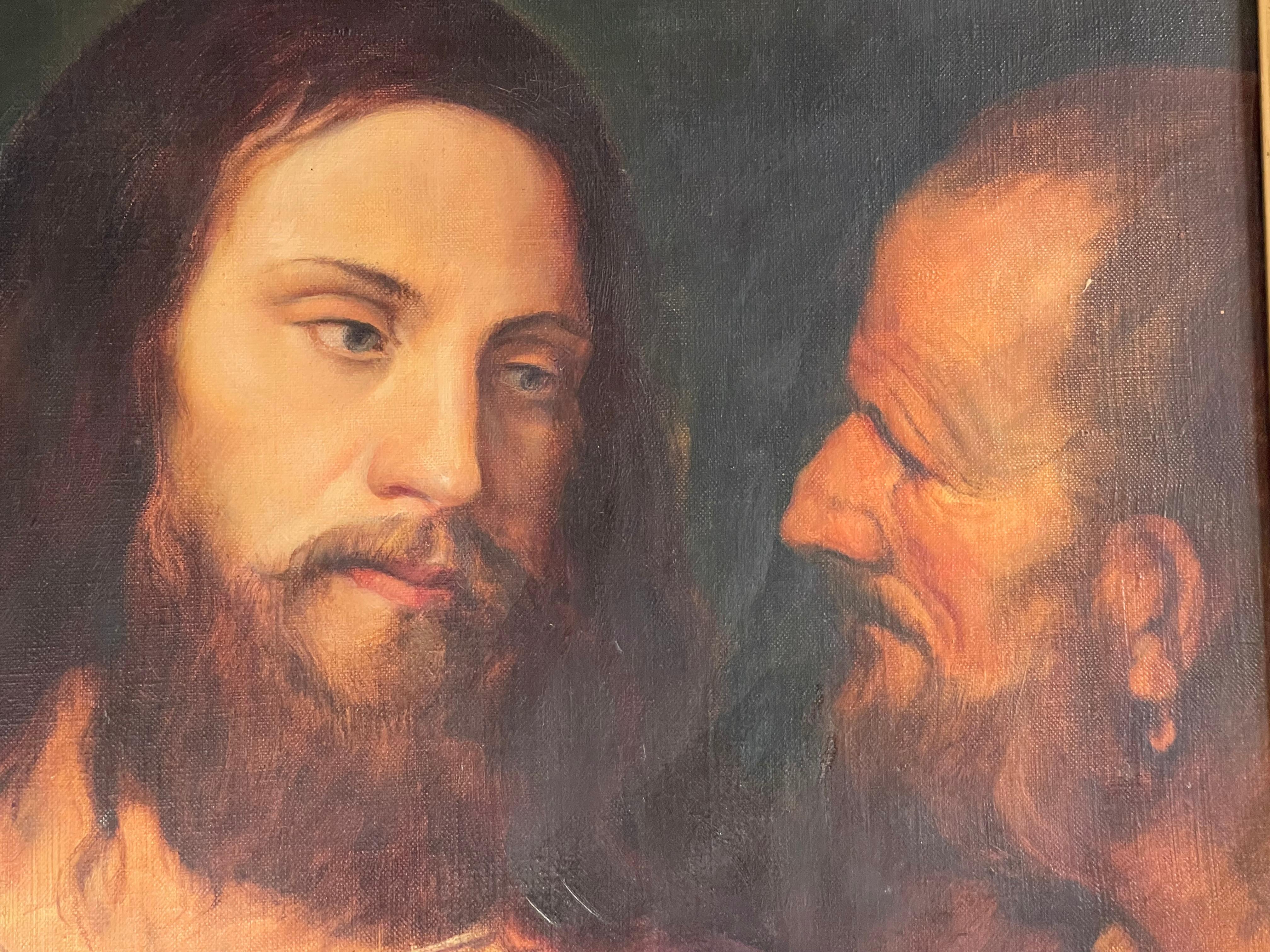 Good Size Hand Painted Antique Oil on Canvas Painting of Jesus Christ and Judas In Good Condition In Lisse, NL