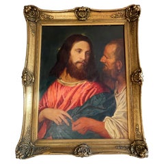 Good Size Hand Painted Antique Oil on Canvas Painting of Jesus Christ and Judas