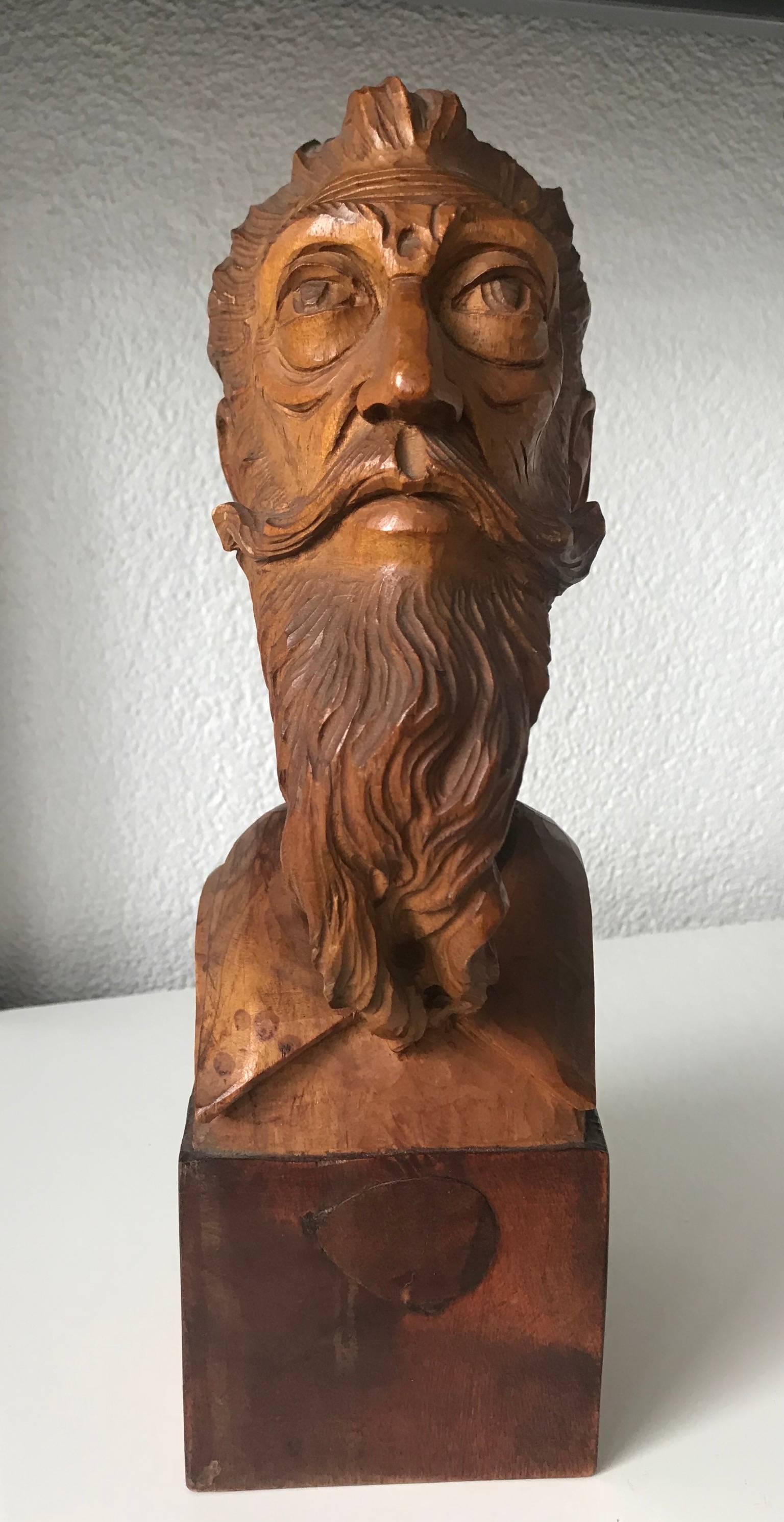 Good Size Midcentury, Quality Carved Beechwood Don Quixote Bust Sculpture 1