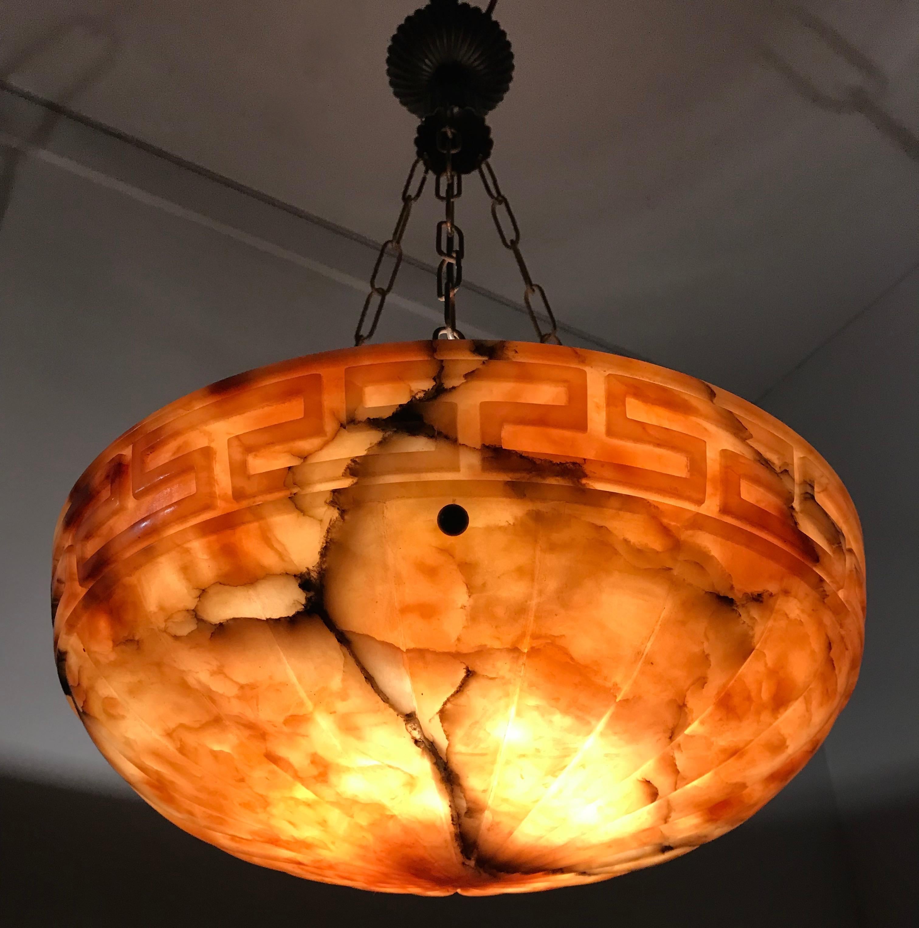 Good Size Neoclassical Early 1900s Alabaster Pendant Light Fixture / Chandelier 6