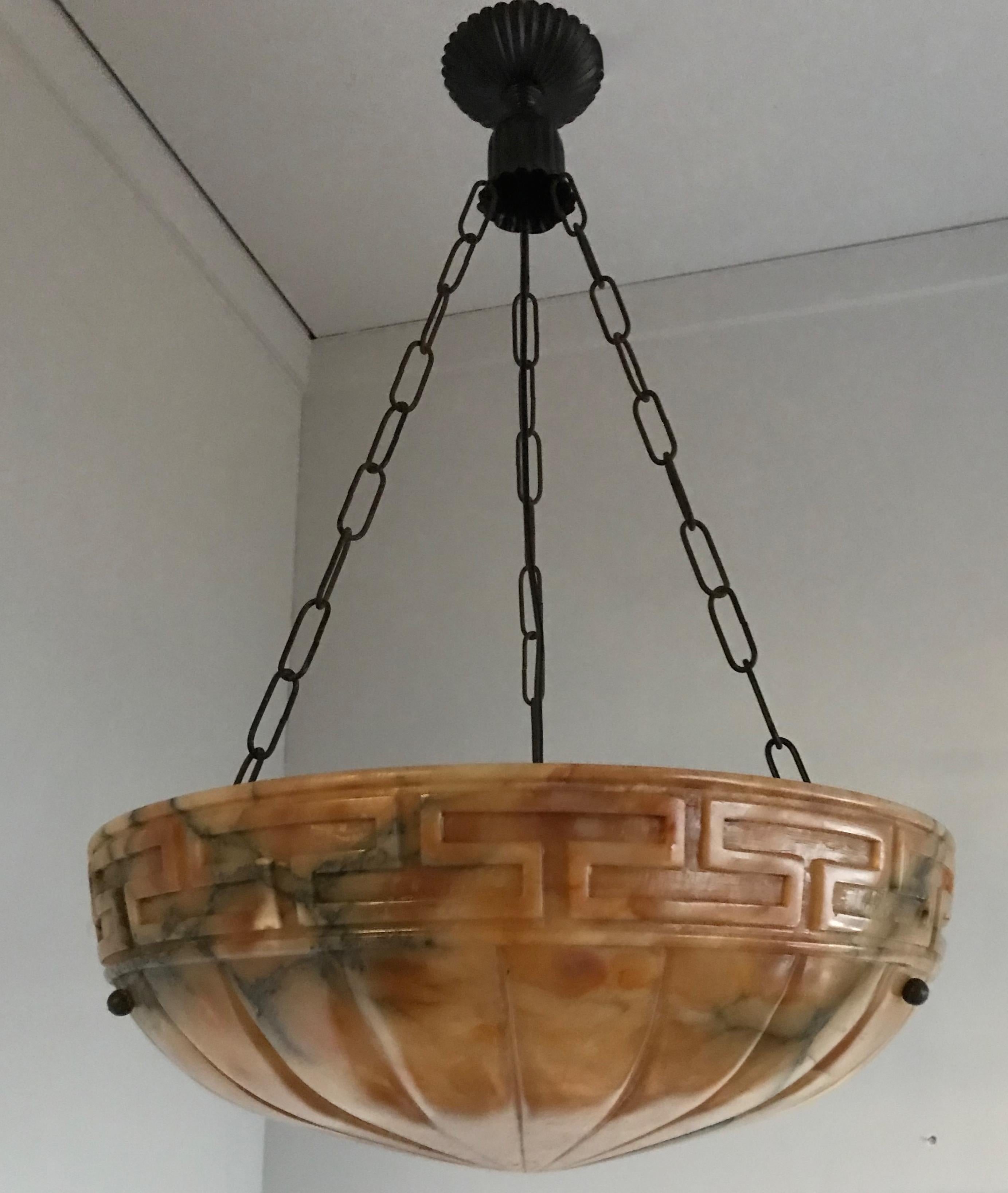 Good Size Neoclassical Early 1900s Alabaster Pendant Light Fixture / Chandelier 8